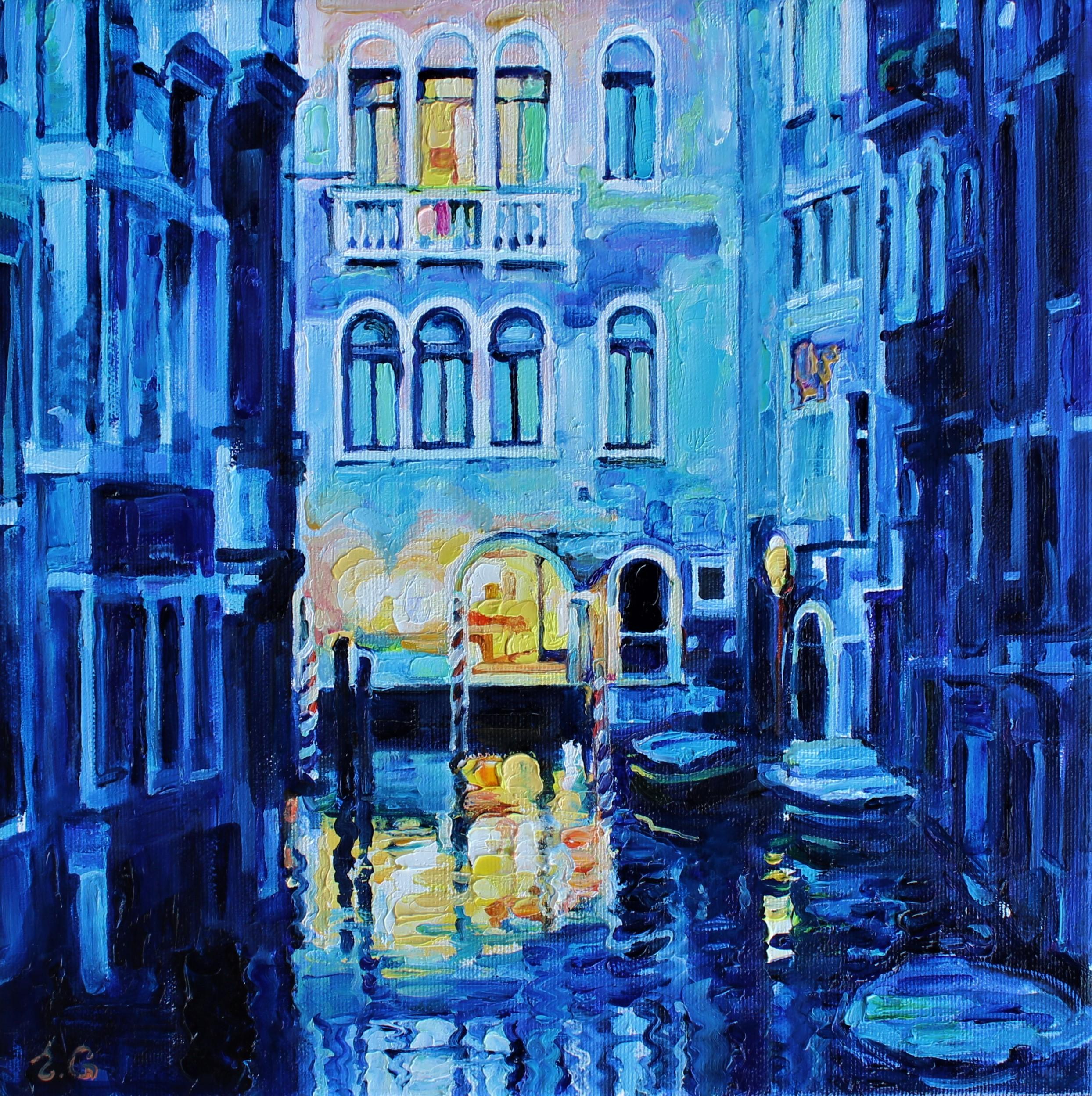 Elena Georgieva Landscape Painting - Venice Evening - Landscape Oil Painting Blue Yellow White 