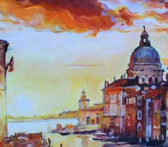 Venice, Grand Canal - Landscape Painting Yellow Blue White Green Brown Grey