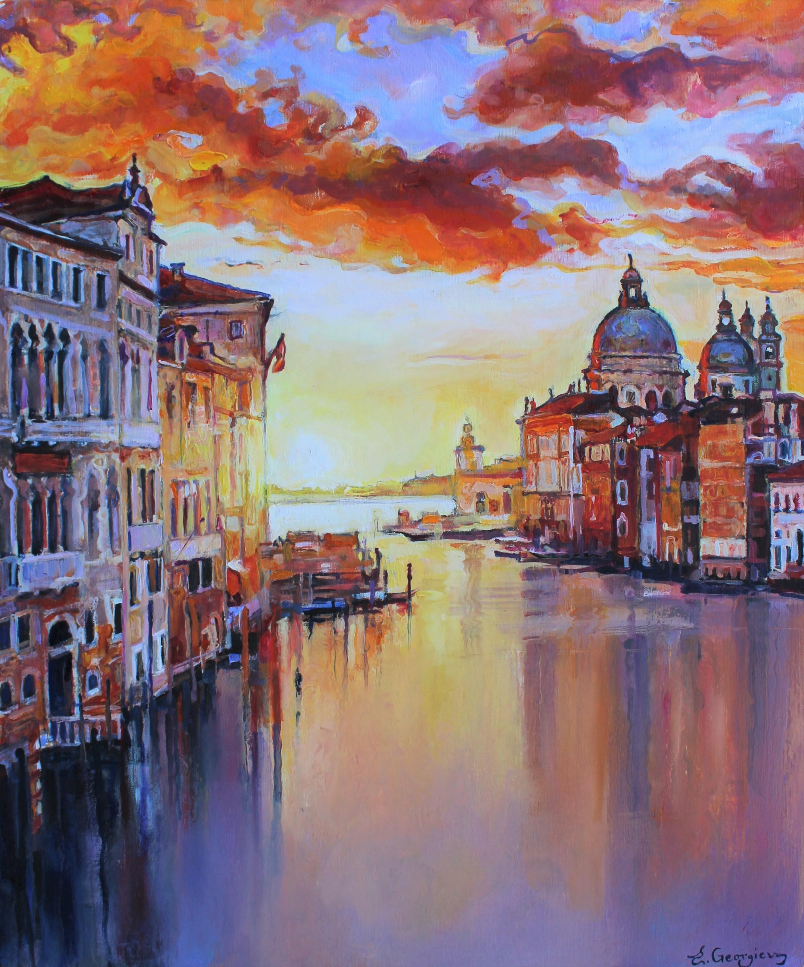 Venice, Grand Canal - Landscape Painting Yellow Blue White Green Brown Grey