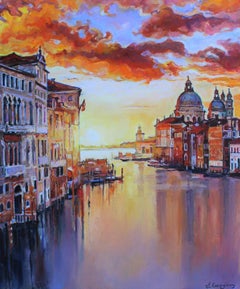 Venise, Grand Canal - Peinture de paysage jaune, bleu, blanc, vert, brun et gris