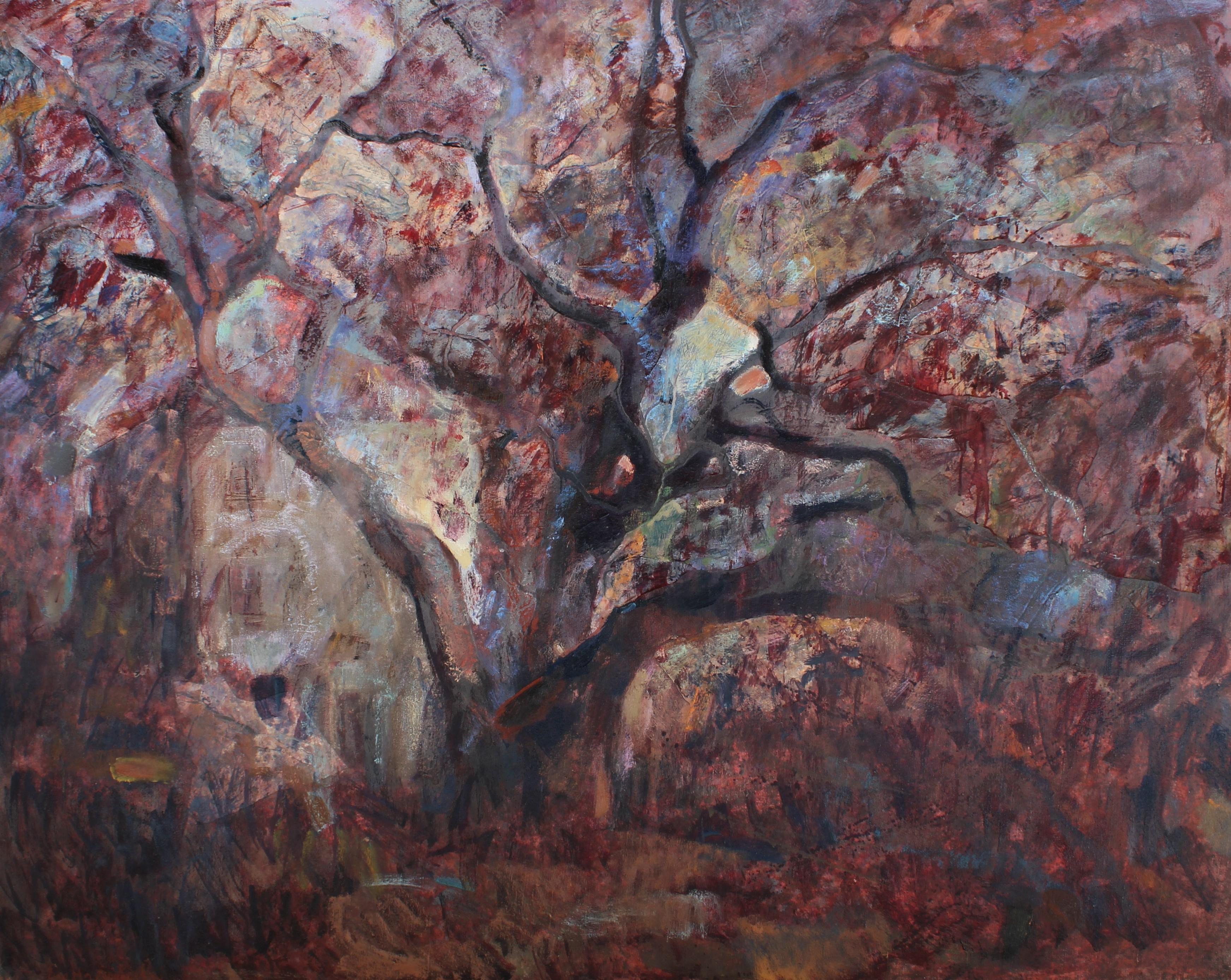 Landscape Painting Elena Georgieva - Noyer à Rusalsko. Peinture à l'huile sur toile de paysage rouge, vert, bleu, rouge et jaune