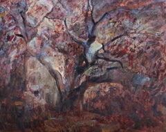 Wandnussholz in Rusalsko. Rote Landschaft Gemälde Öl Leinwand Grün Blau Rot Gelb
