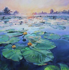 Lilies d'eau - Peinture à l'huile de paysage jaune, orange, bleu, blanc, vert et brun