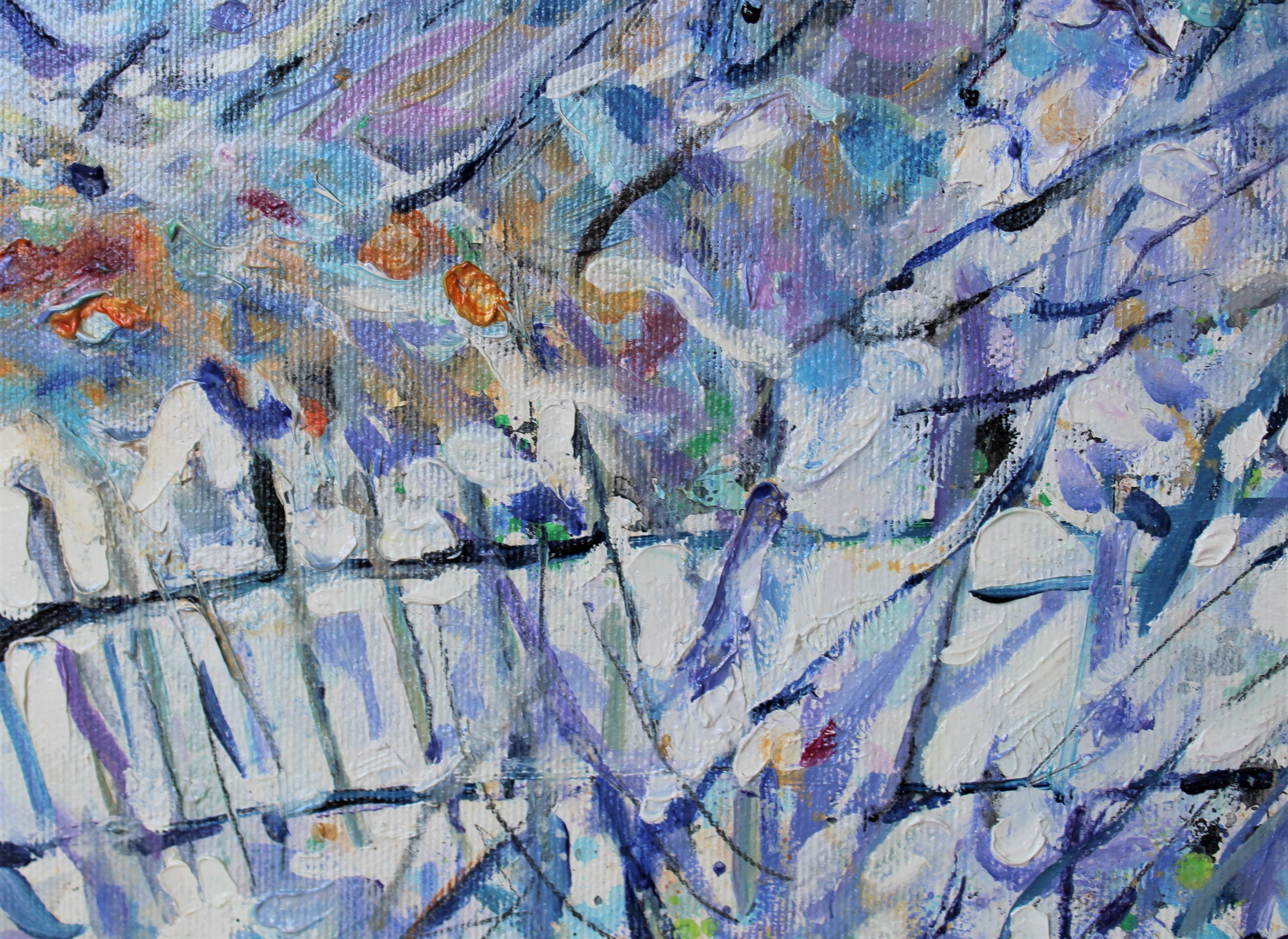 Peinture à l'huile - Paysage blanc, rouge, bleu, jaune, blanc et vert, décembre  - Painting de Elena Georgieva