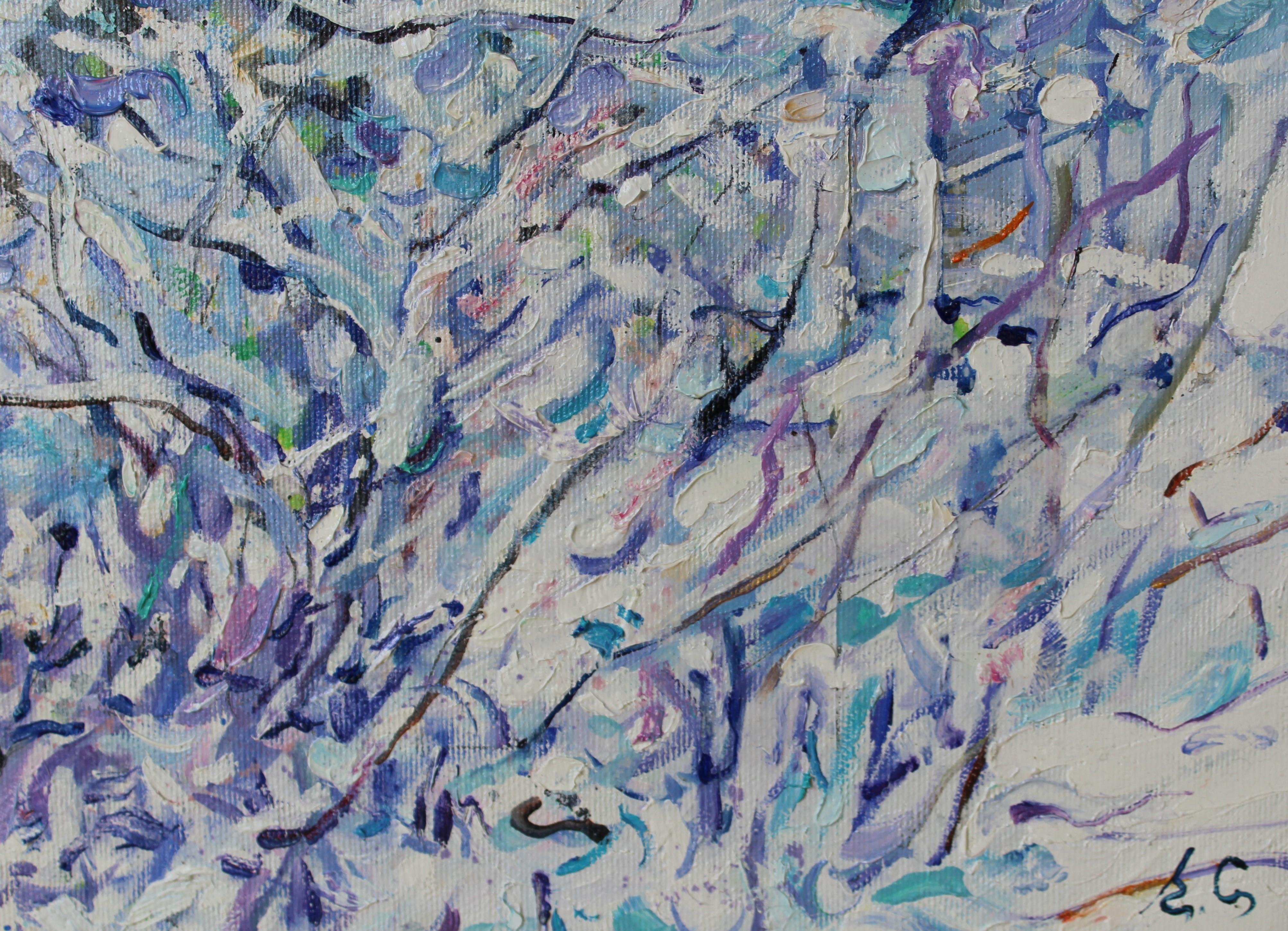 Peinture à l'huile - Paysage blanc, rouge, bleu, jaune, blanc et vert, décembre  - Bleu Landscape Painting par Elena Georgieva