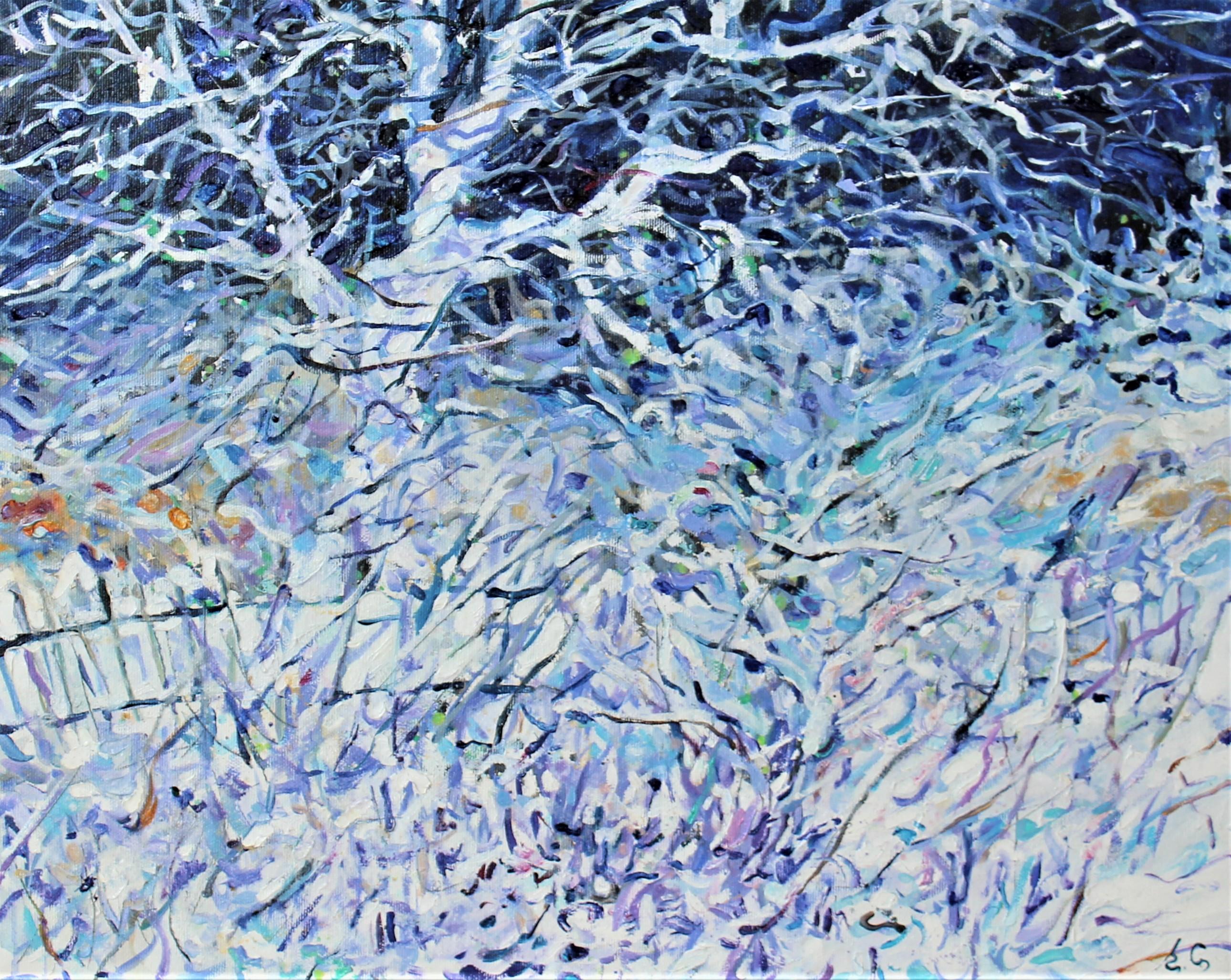 Landscape Painting Elena Georgieva - Peinture à l'huile - Paysage blanc, rouge, bleu, jaune, blanc et vert, décembre 
