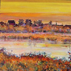 Yellow Village - Landscape Oil Painting Blue Yellow White Green Brown Red