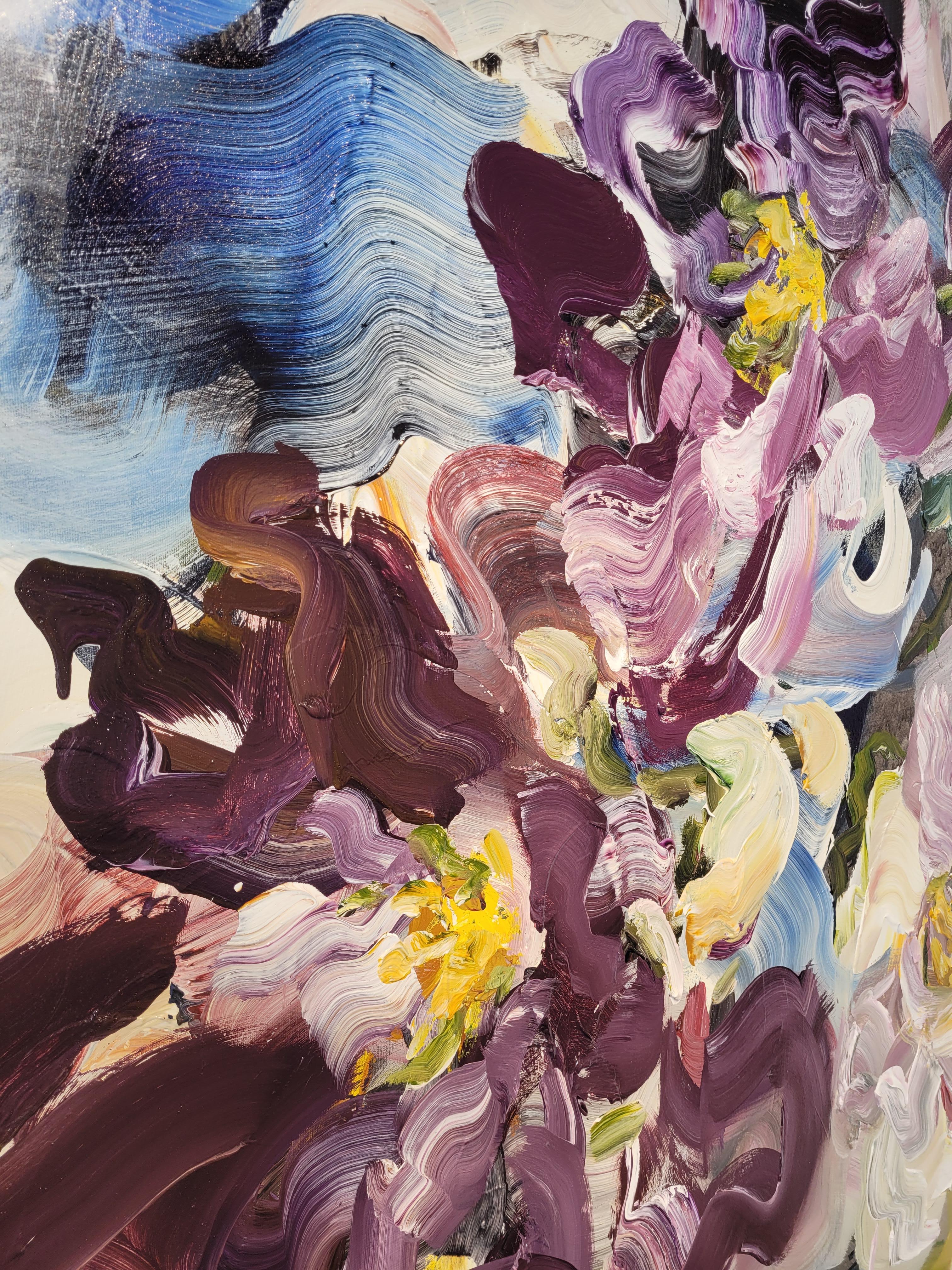 Purple Haze, Grande peinture florale jaune pourpre, 2022 - Beige Still-Life Painting par Elena Henderson