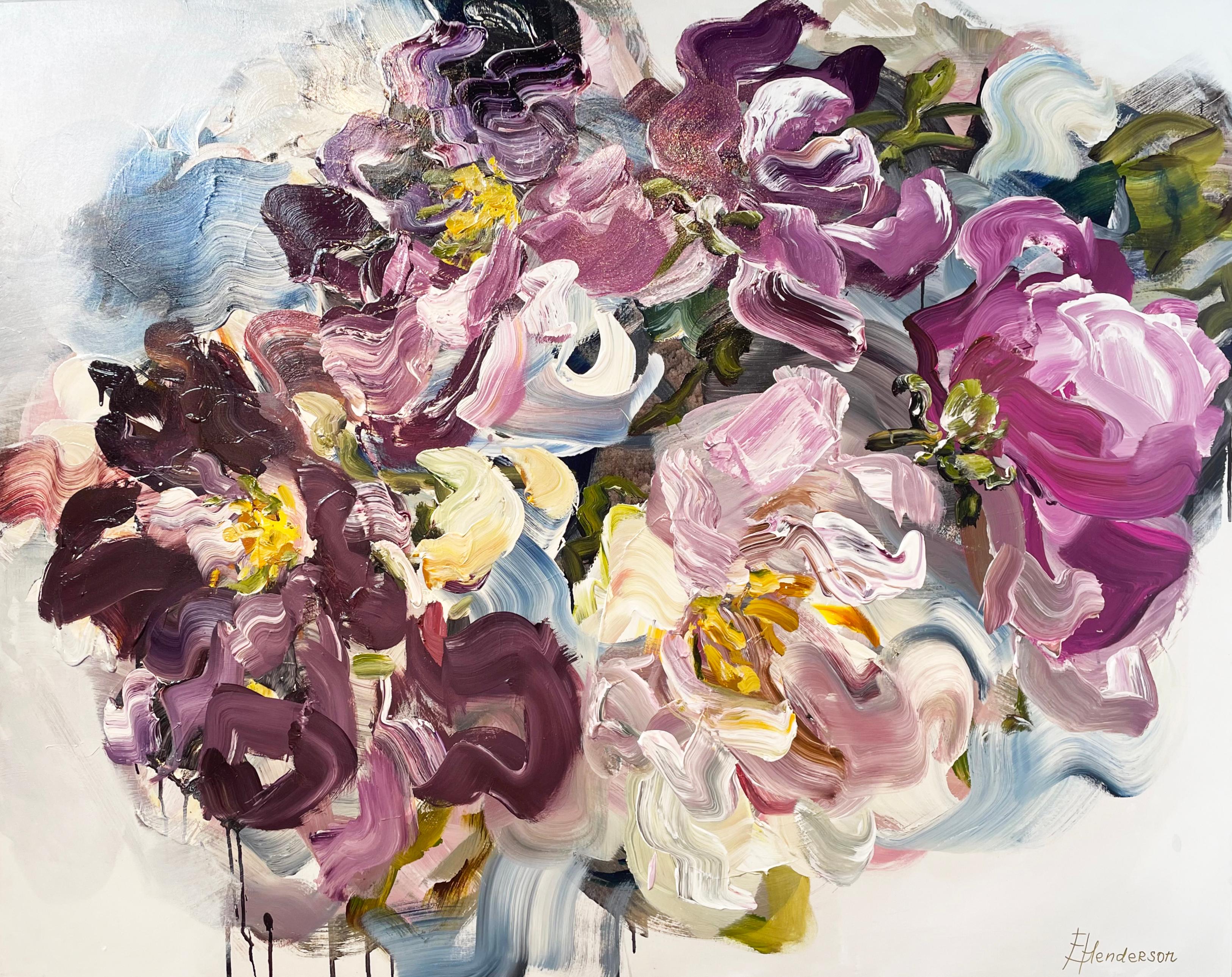 Still-Life Painting Elena Henderson - Purple Haze, Grande peinture florale jaune pourpre, 2022
