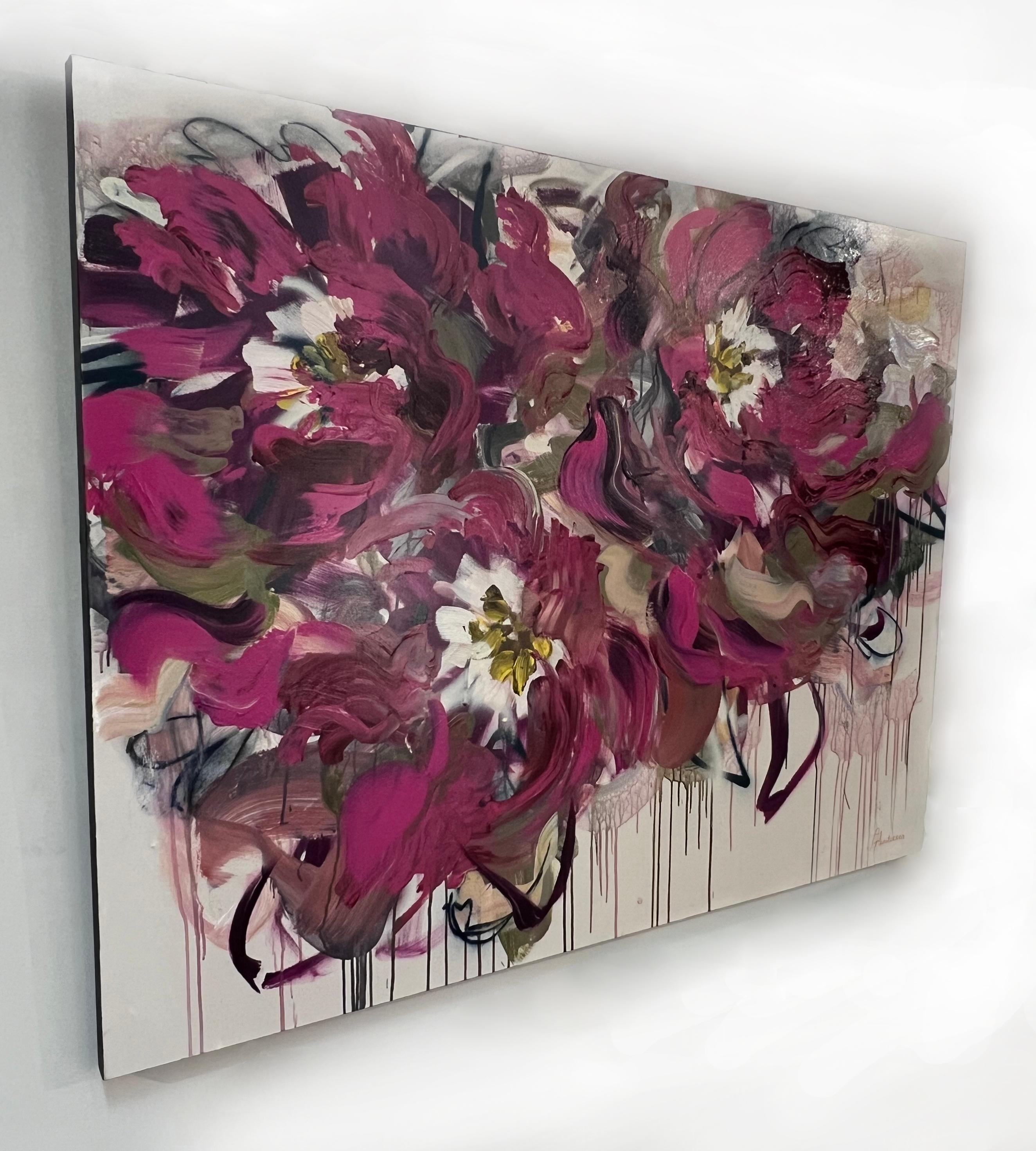 Thousand Kisses Deep Series #19, large red & pink floral abstract, acrylic, 2021 - Painting by Elena Henderson