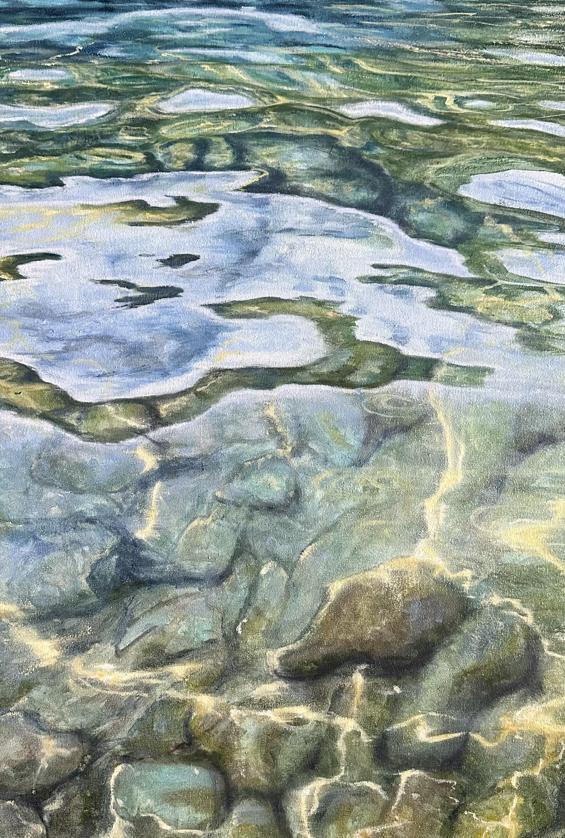 shipped in roll 
The painting focuses solely on the Dnipro River’s surface — clear, sunlit, ever-shifting. Light dances across stones beneath the water, reflecting sky and movement. It’s not a landscape, but a quiet gaze into the river’s living