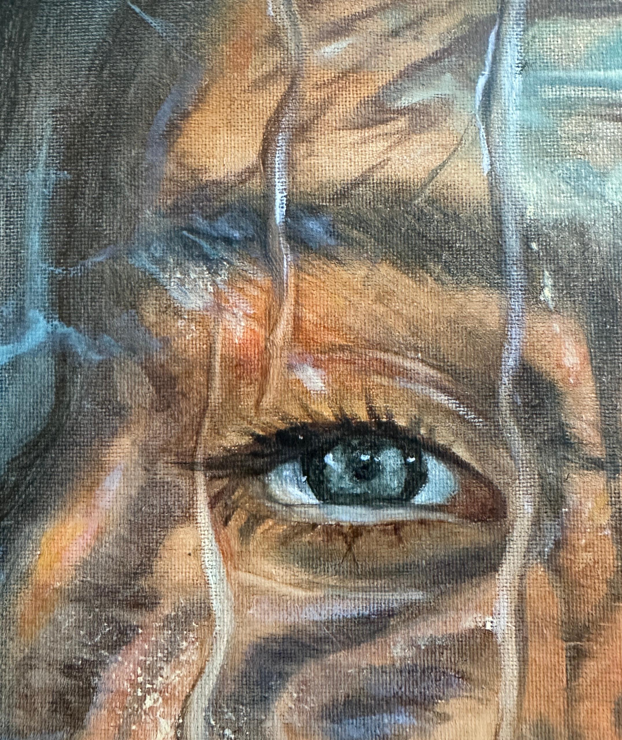 The water's mercury surface breathes – first a mirror, then a prism, finally a veil. Two points of cobalt pierce through, unwavering. The water’s surface breathes—distorting, revealing, then swallowing fragments of light. This isn’t just a portrait,