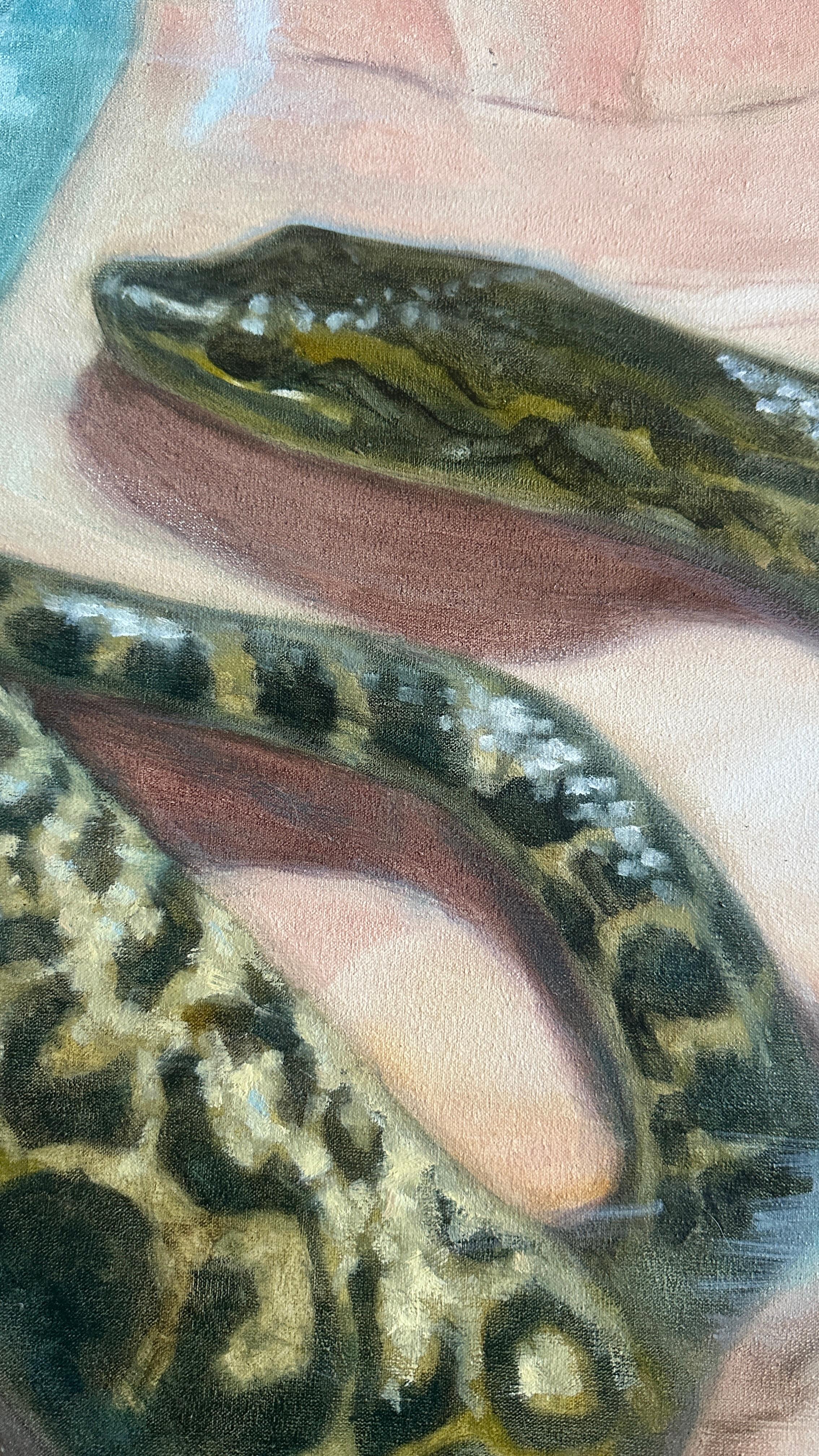 In this work, the feminine body merges with two ancient symbols of transformation — water and serpent. Each line flows into another, dissolving the boundaries between human, nature, and myth. The painting captures not a fixed image, but a state of