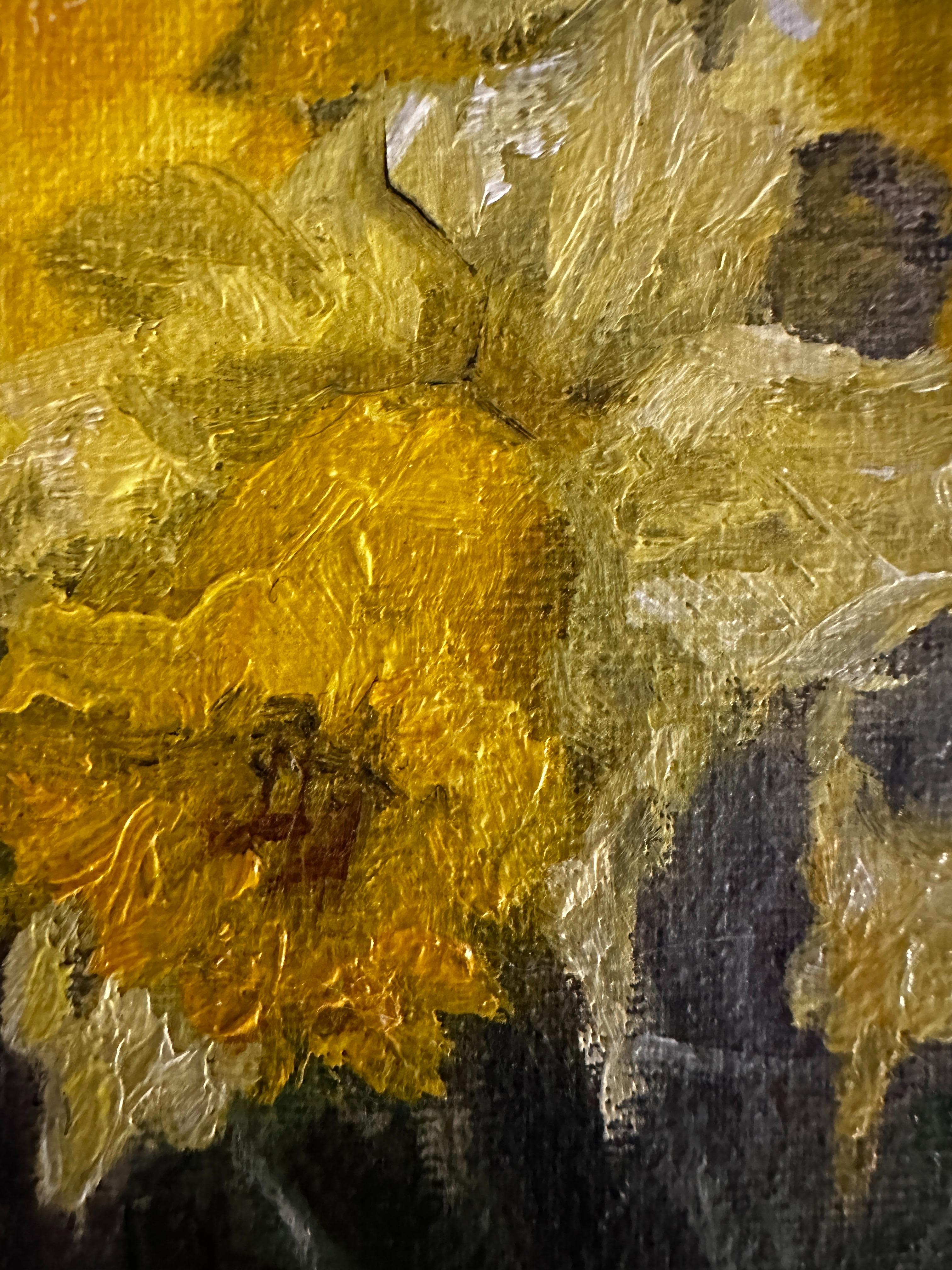 Ich habe dieses Bild in Öl gemalt, um die stille Freude über die Ankunft des Frühlings zu vermitteln. Die gelben Narzissen scheinen das Licht einzufangen und festzuhalten, ihre Blütenblätter leuchten wie kleine Sonnen. Sie erinnern mich an die