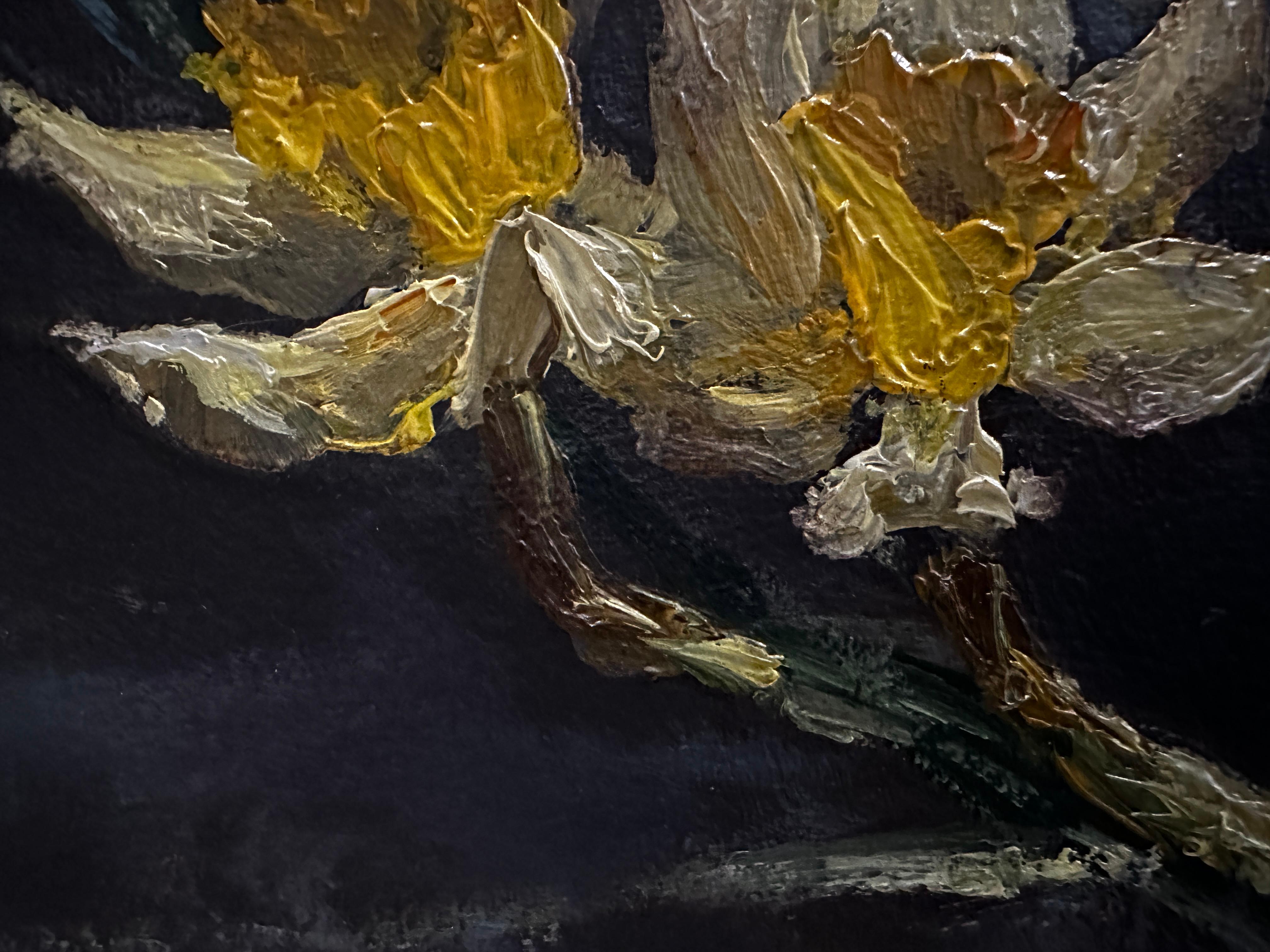 J'ai peint cette pièce à l'huile pour capturer la joie et le mouvement de la lumière du soleil. Avez-vous remarqué les jeux de lumière lors d'une journée ensoleillée ? Ces iris jaunes dansants apportent un sentiment de fête et de chaleur. 

•