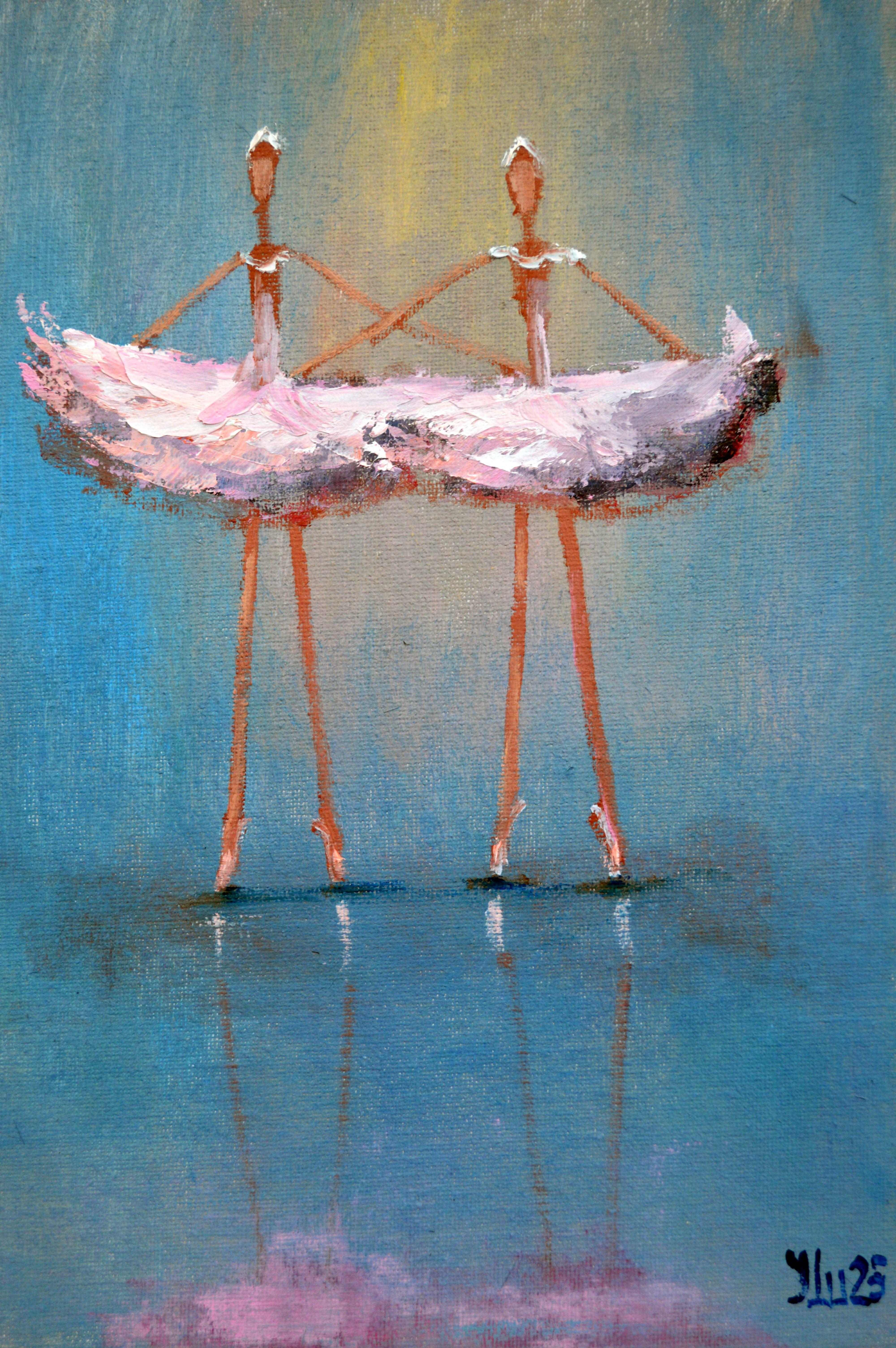 Elena Lukina Interior Painting - 2 Funny pink ballerinas. Original impasto Miniature oil painting.