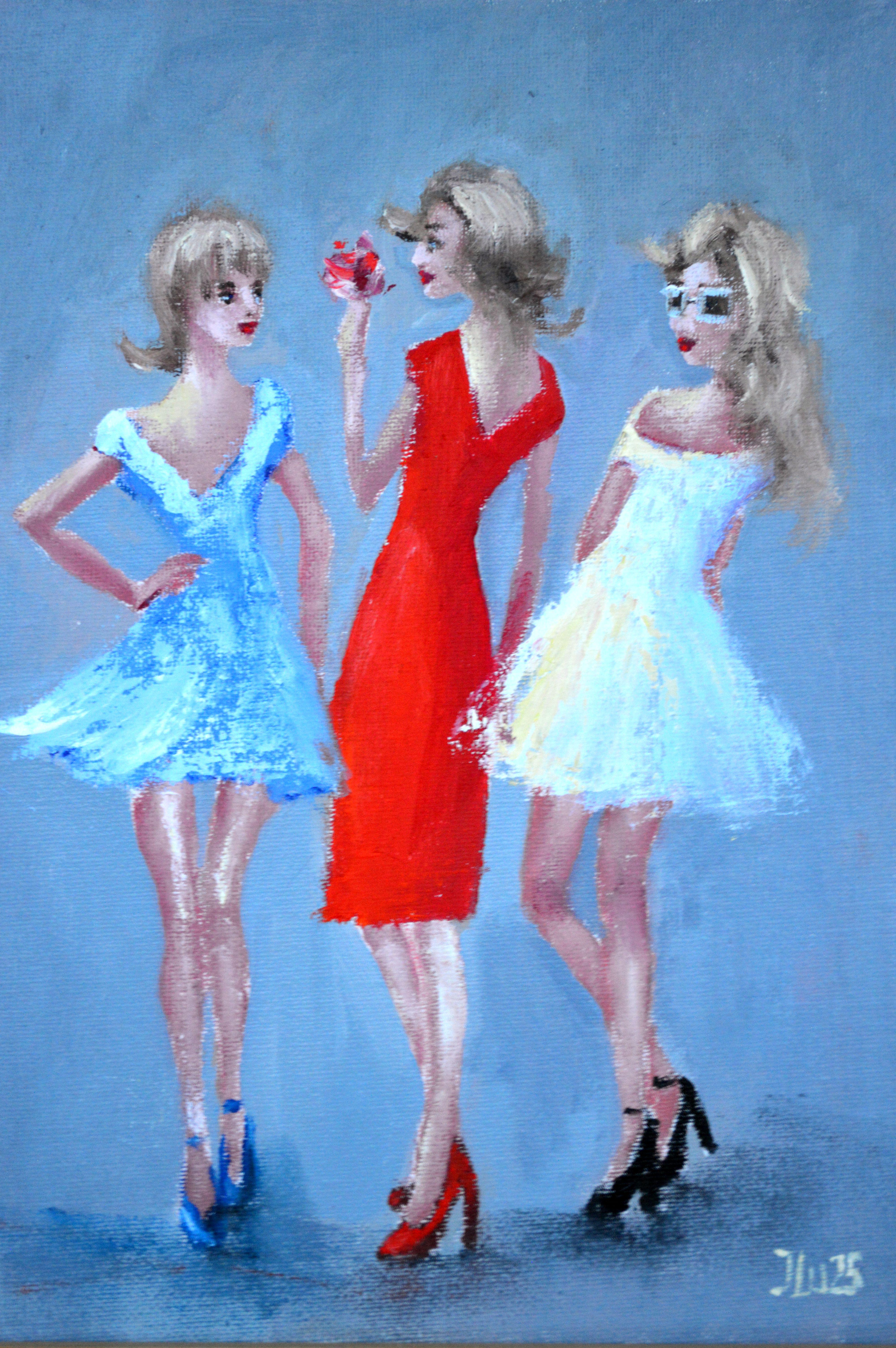 3 funny fashionistas.  Original impasto Miniature Oil Gift Art.