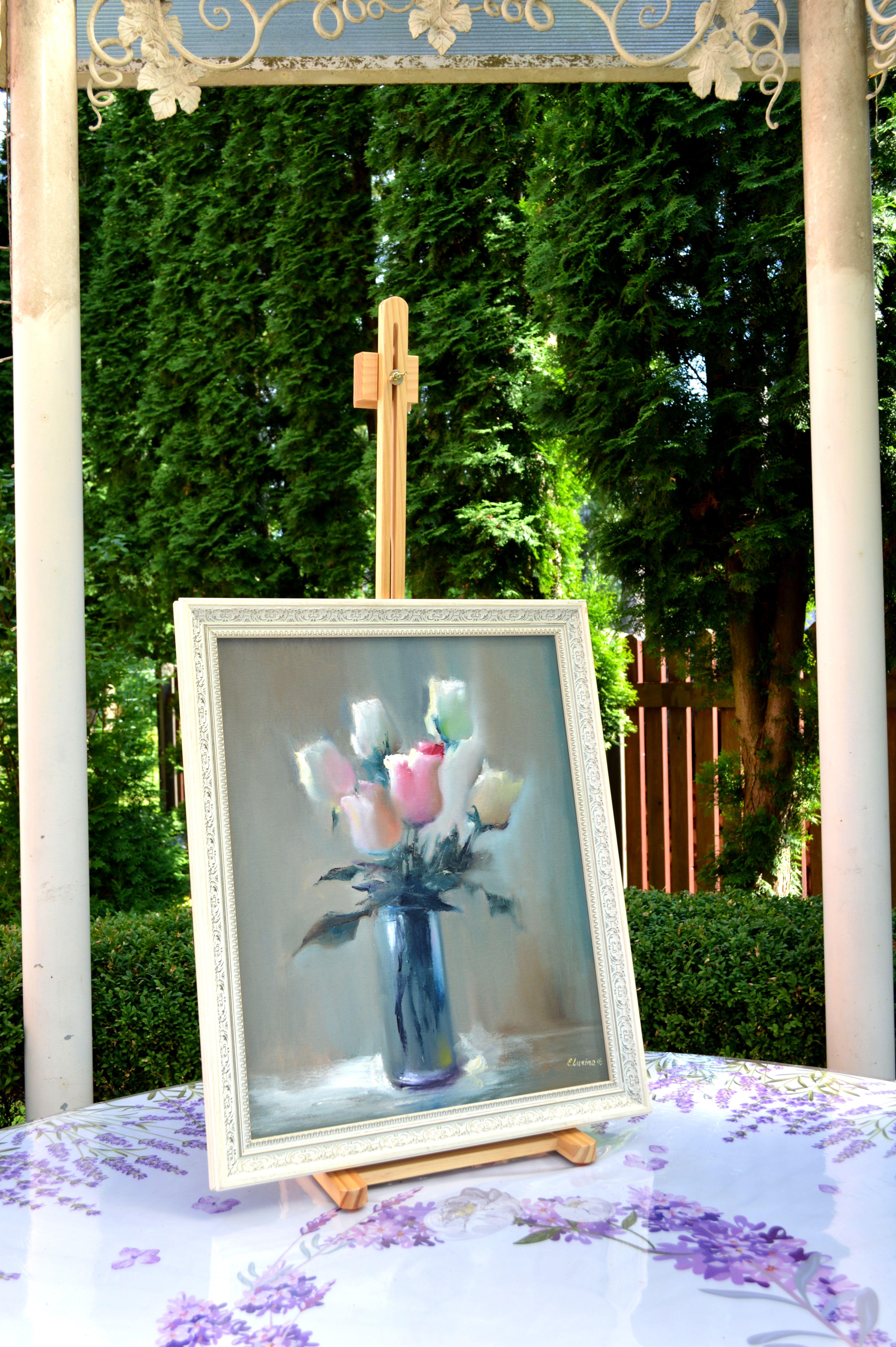 7 Rosen 50X40 Ölgemälde (Grau), Interior Painting, von Elena Lukina