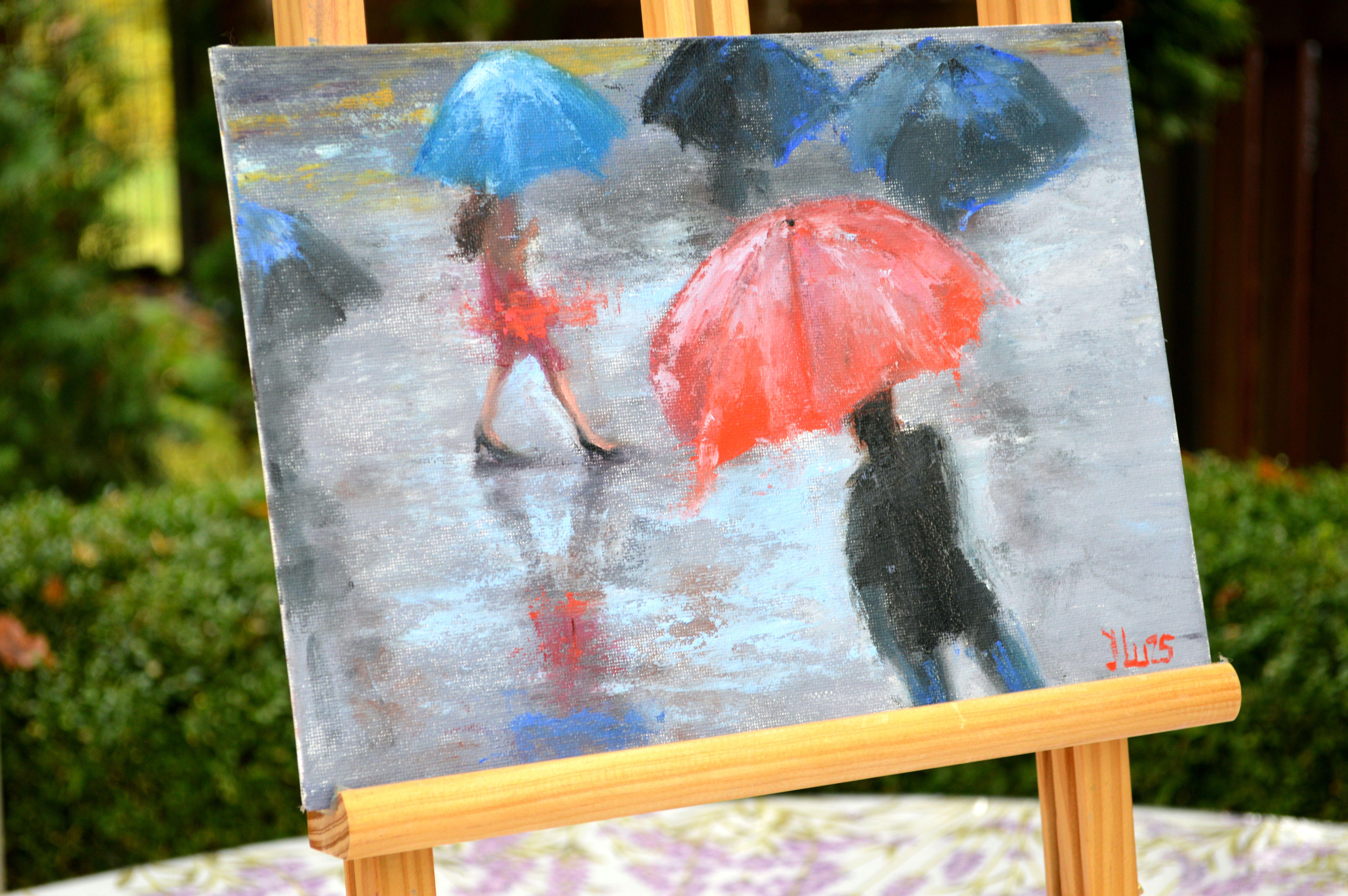 A fated meeting in the rain - Expressionist Painting by Elena Lukina