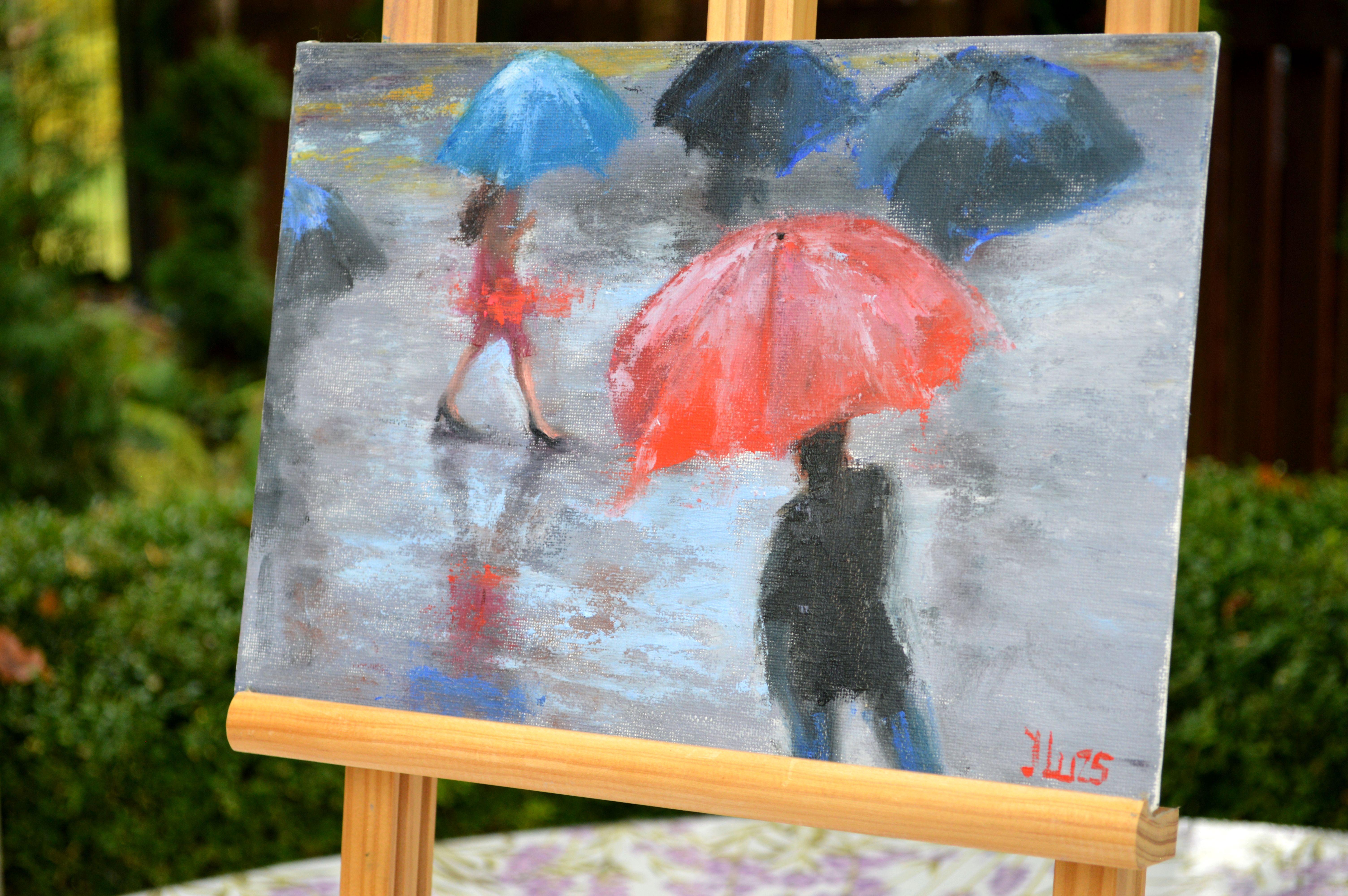 A fated meeting in the rain - Gray Interior Painting by Elena Lukina