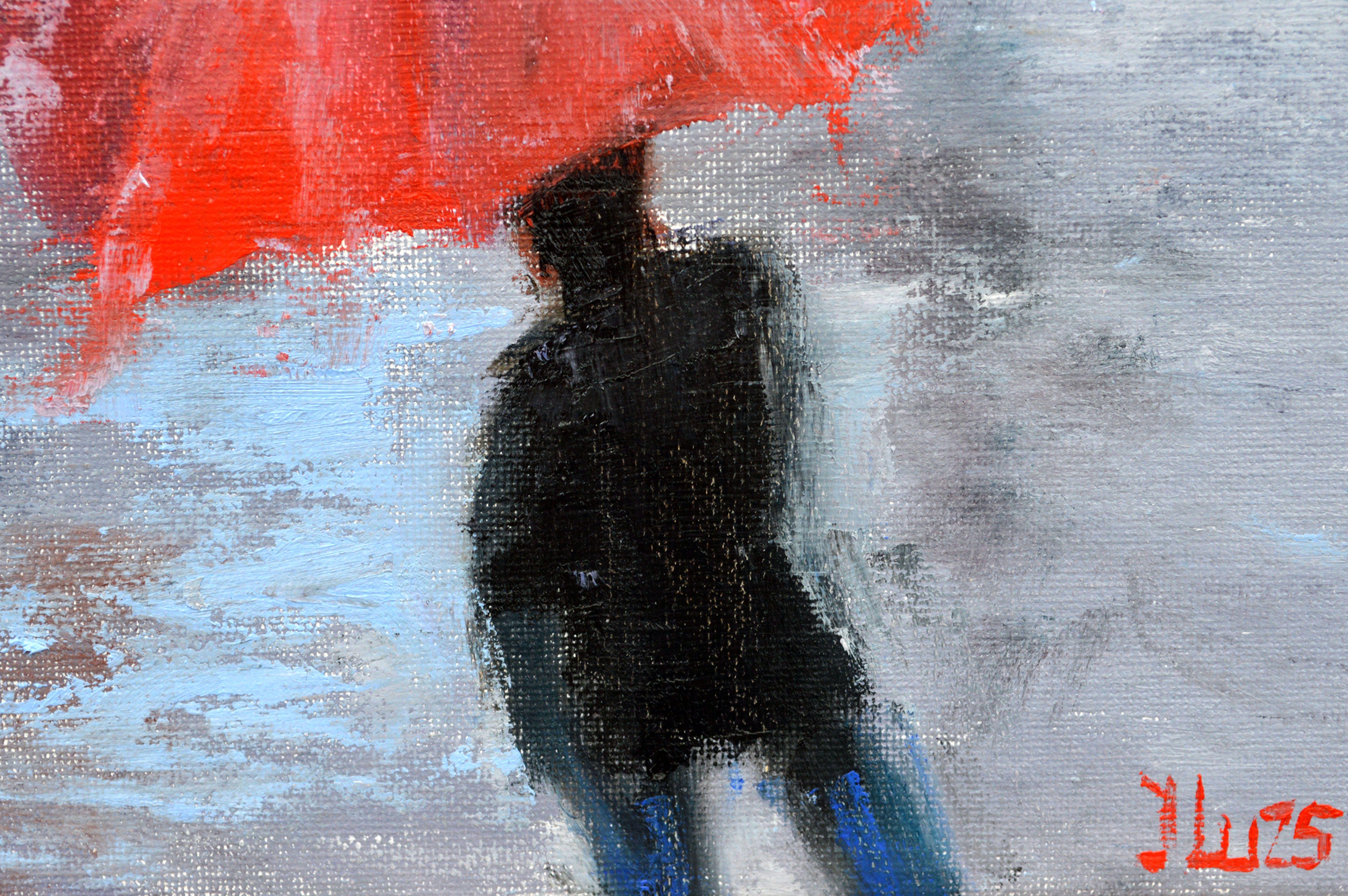 
This original oil painting captures a chance encounter on a rainy city street. The artist's skillful brushwork blends expressionism with realism, depicting a fleeting moment of connection. A bright red umbrella stands out against the muted tones,