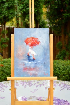 A Girl Running Through Puddles Original impasto Miniature oil painting
