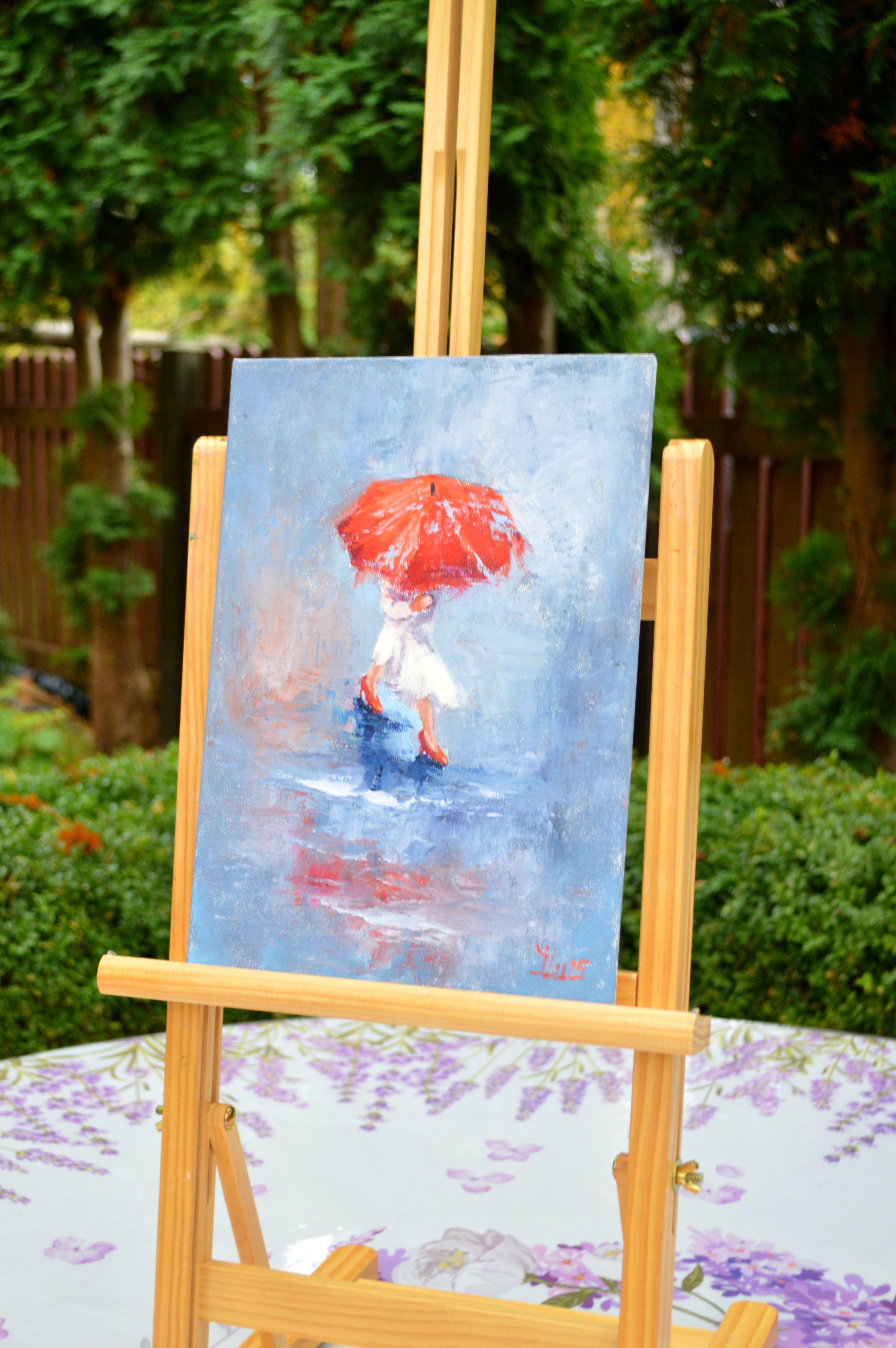 A Girl Running Through Puddles - Gray Figurative Painting by Elena Lukina