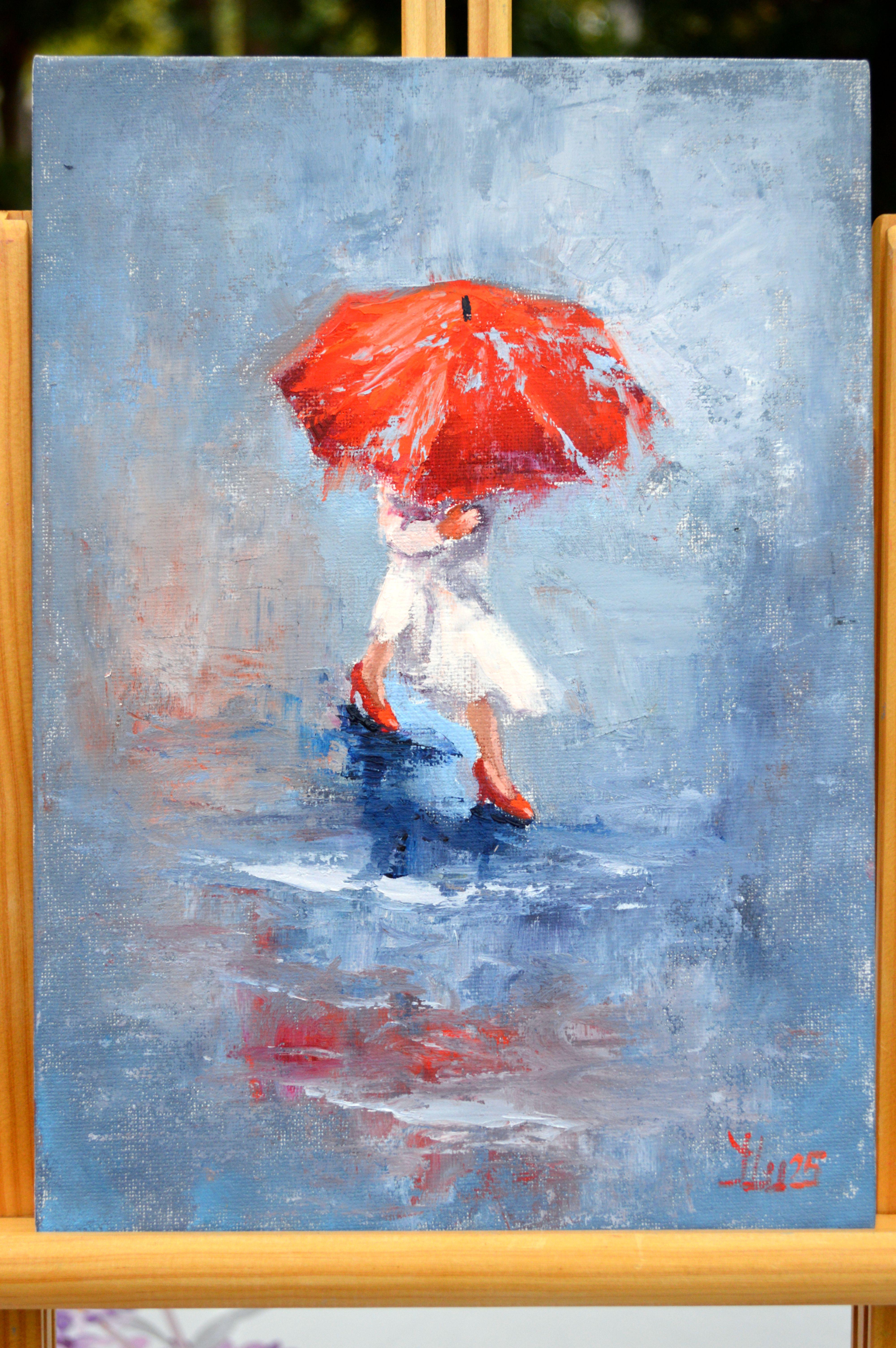This original oil painting captures a girl running through puddles under a vibrant red umbrella. The artist's passion comes alive through bold strokes that create a beautiful contrast, setting the scene against a moody, rainy backdrop. This