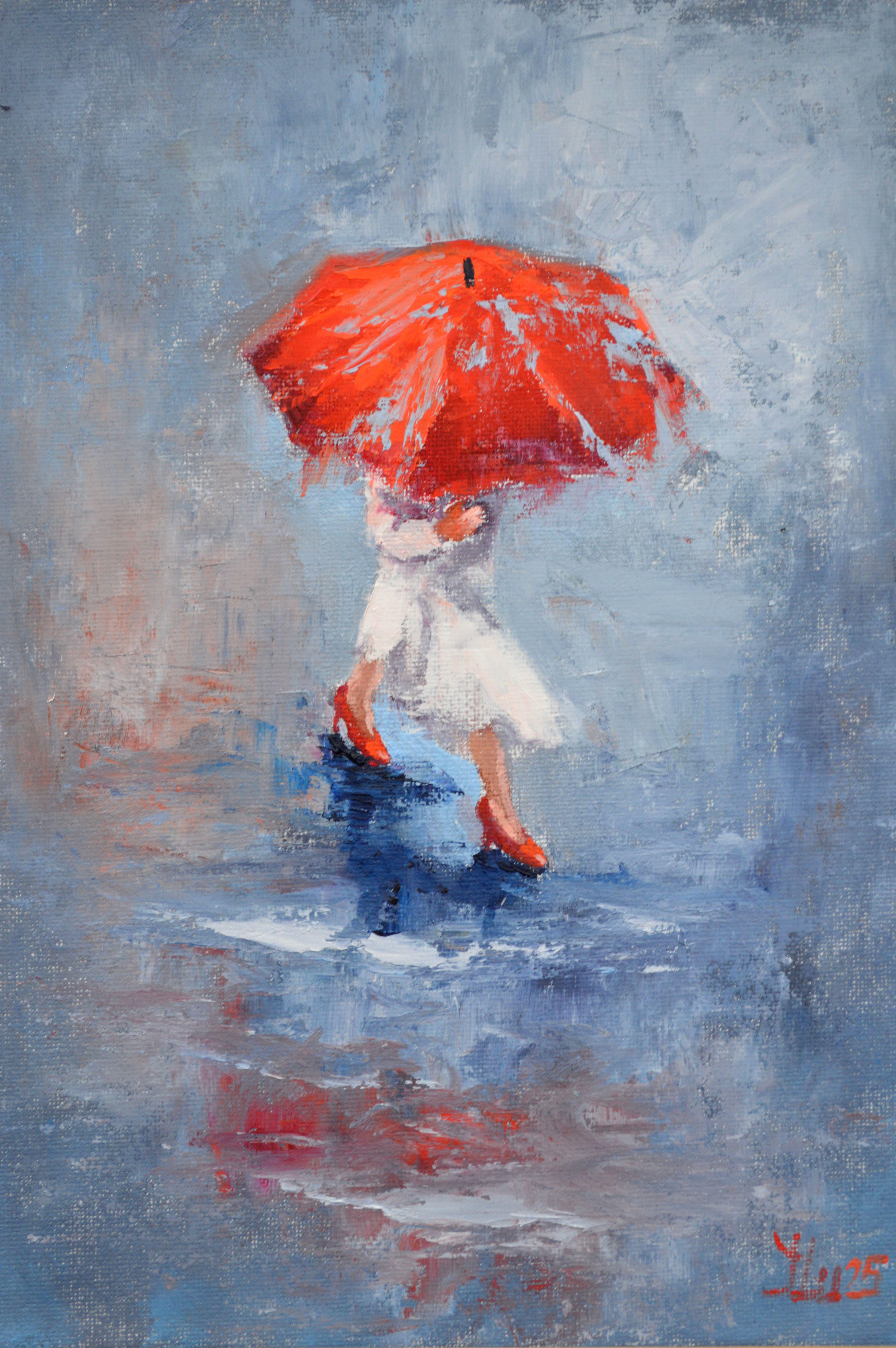 Elena Lukina Figurative Painting - A Girl Running Through Puddles