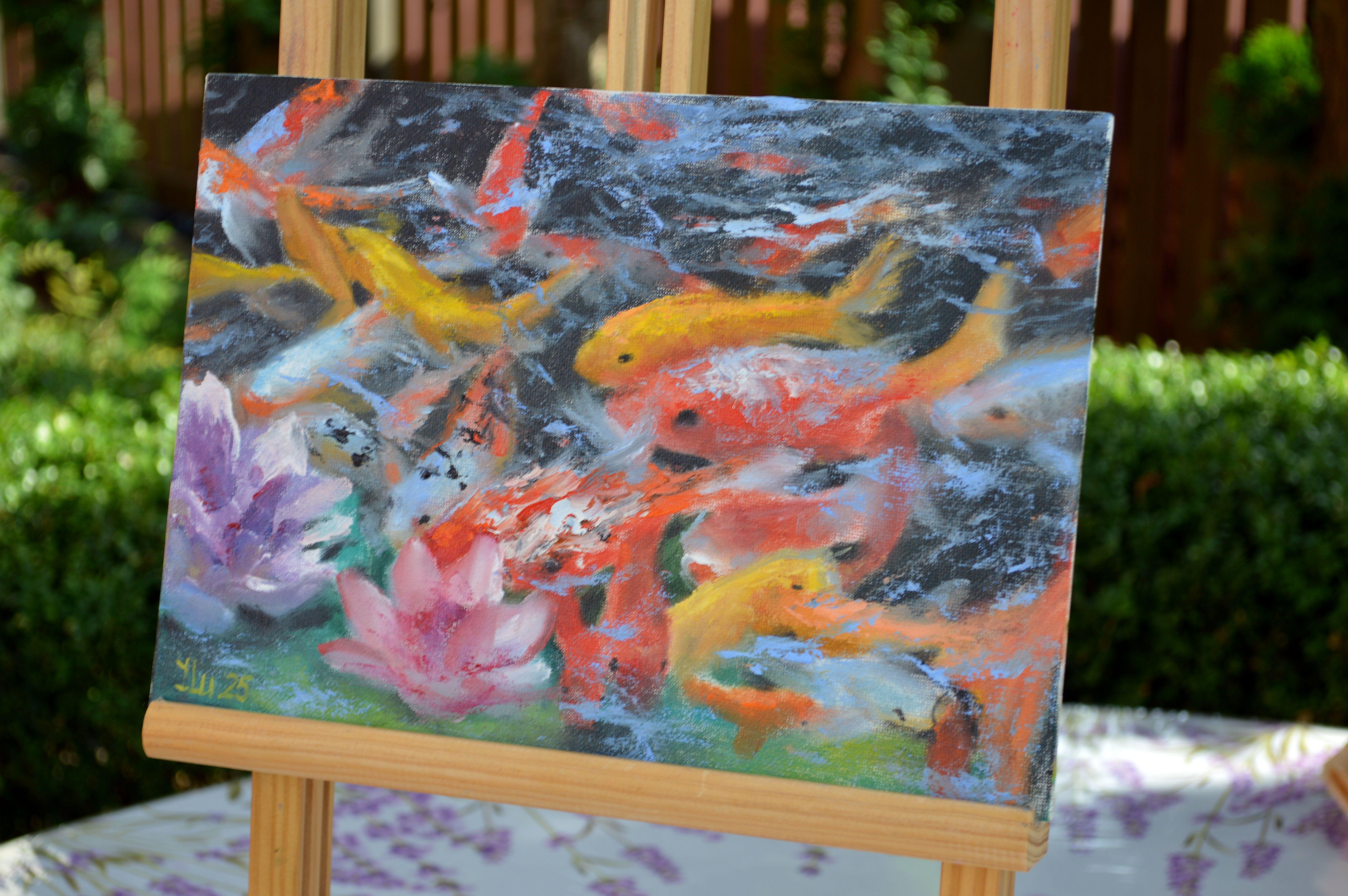 
In this vibrant piece, I poured my emotions into the lively dance of koi beneath rippling water, blending bold expressionism with the softness of impressionism. Using oil, I captured their shimmering scales and the serene bloom of water lilies,