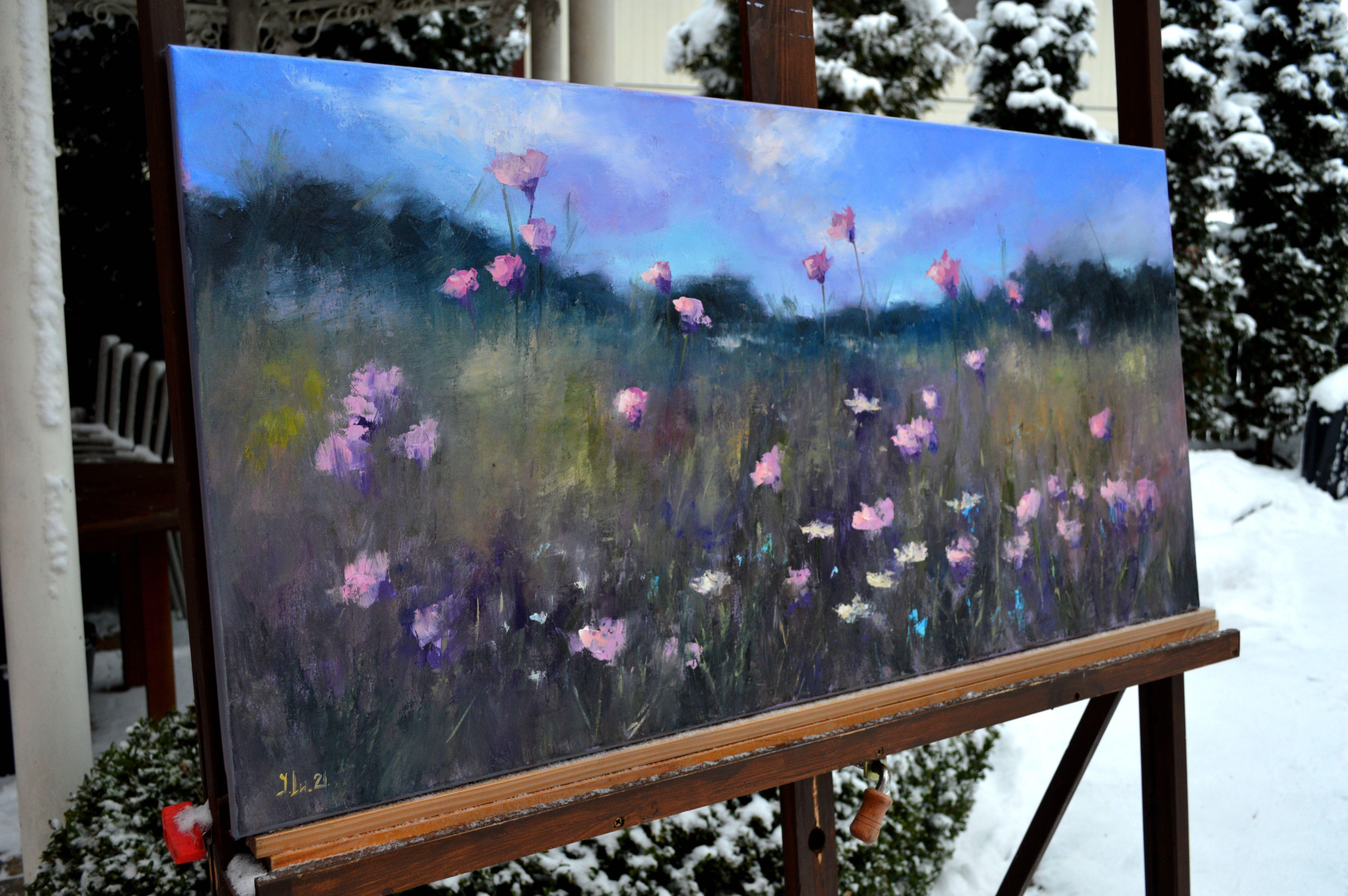 Un prado de hierbas en flor - Landscape Painting Gris de Elena Lukina