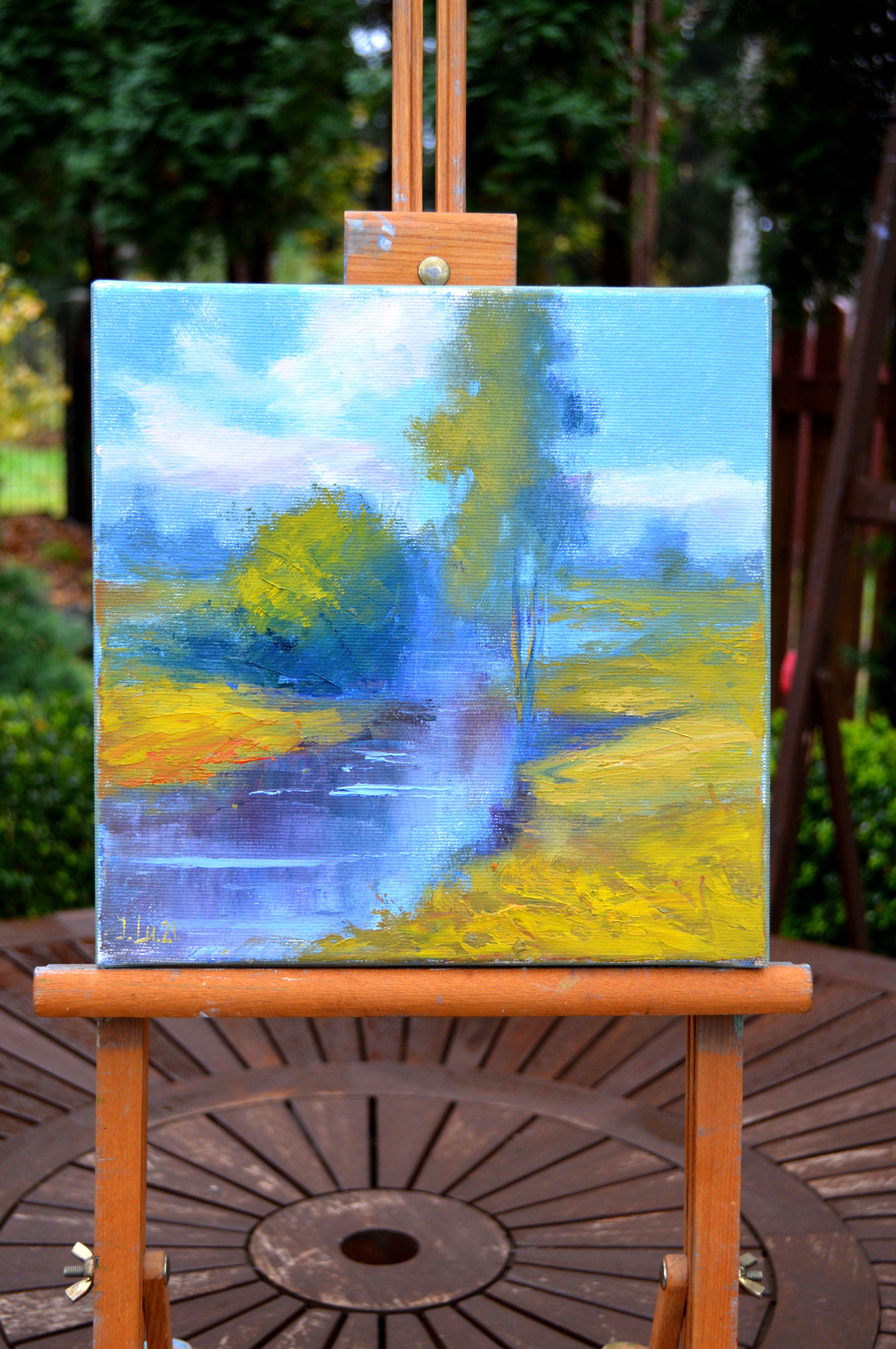 Un paesaggio rurale - Landscape Painting Blu di Elena Lukina