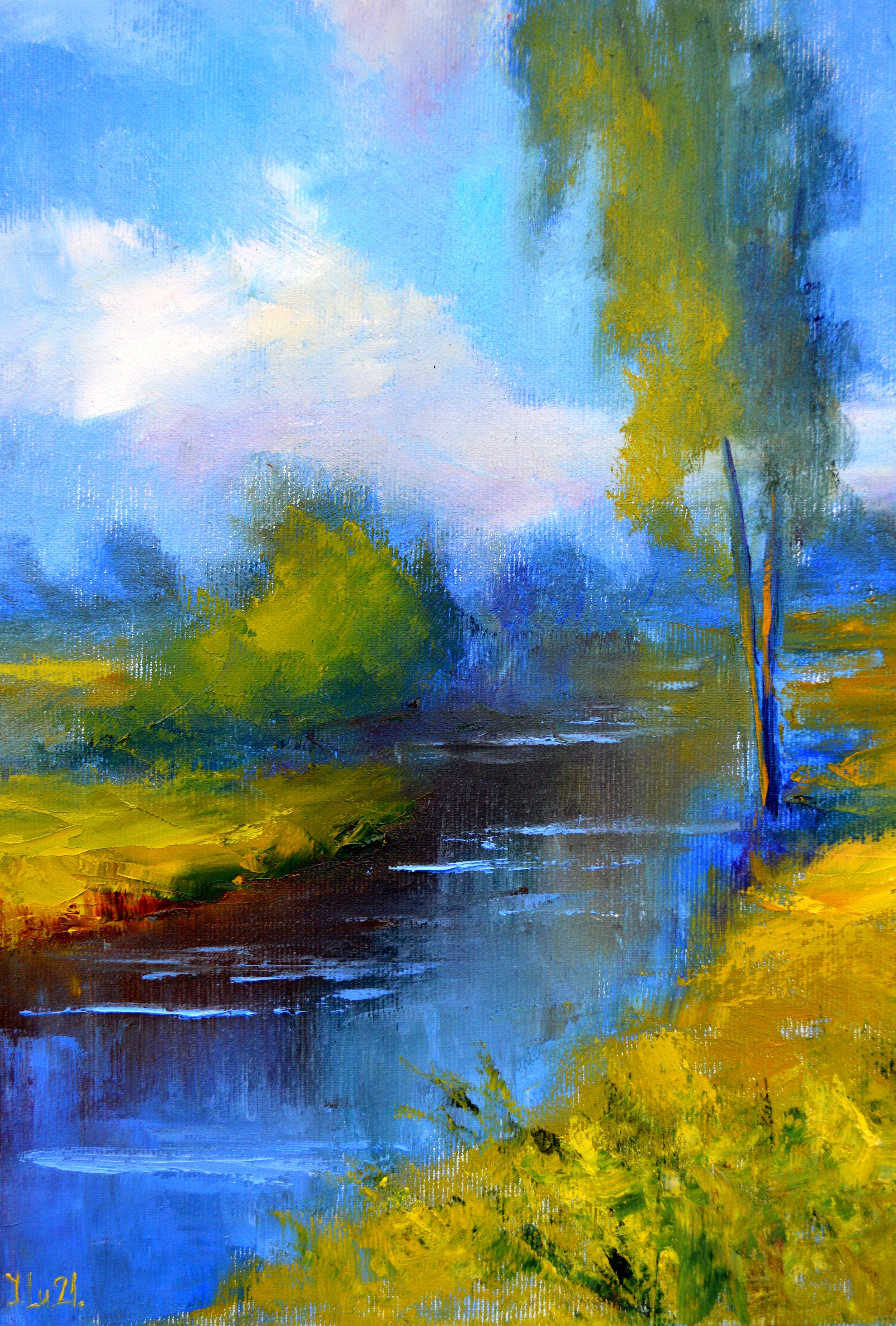 Ein dörflicher Fluss (Expressionismus), Painting, von Elena Lukina