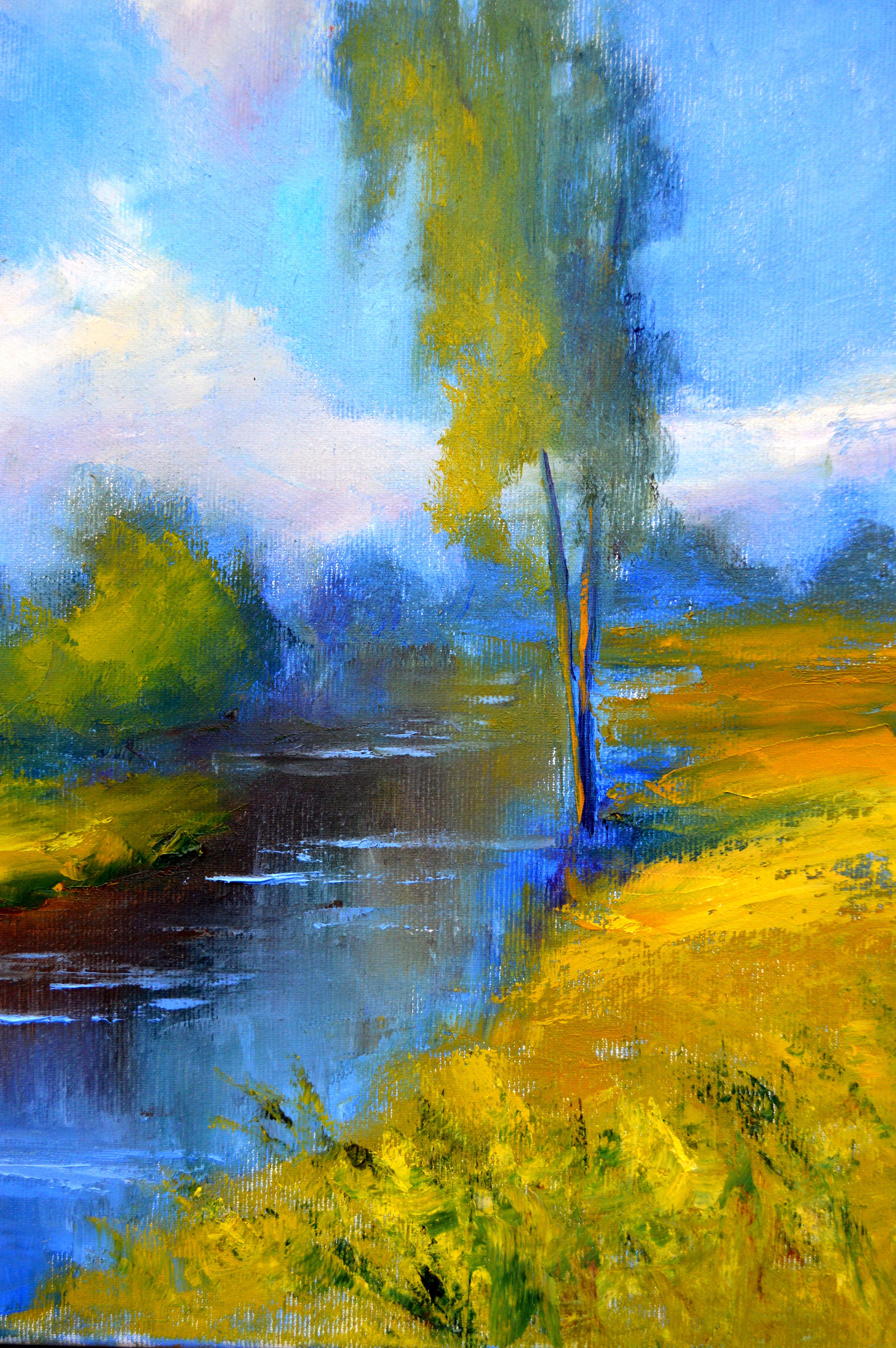 In this piece, I've merged the vibrant fluidity of impressionism with the vivid reality of fine art. I wanted the tranquility of the village river to envelop the viewer, the expressionist streaks and realistic reflections to stir emotions of peace