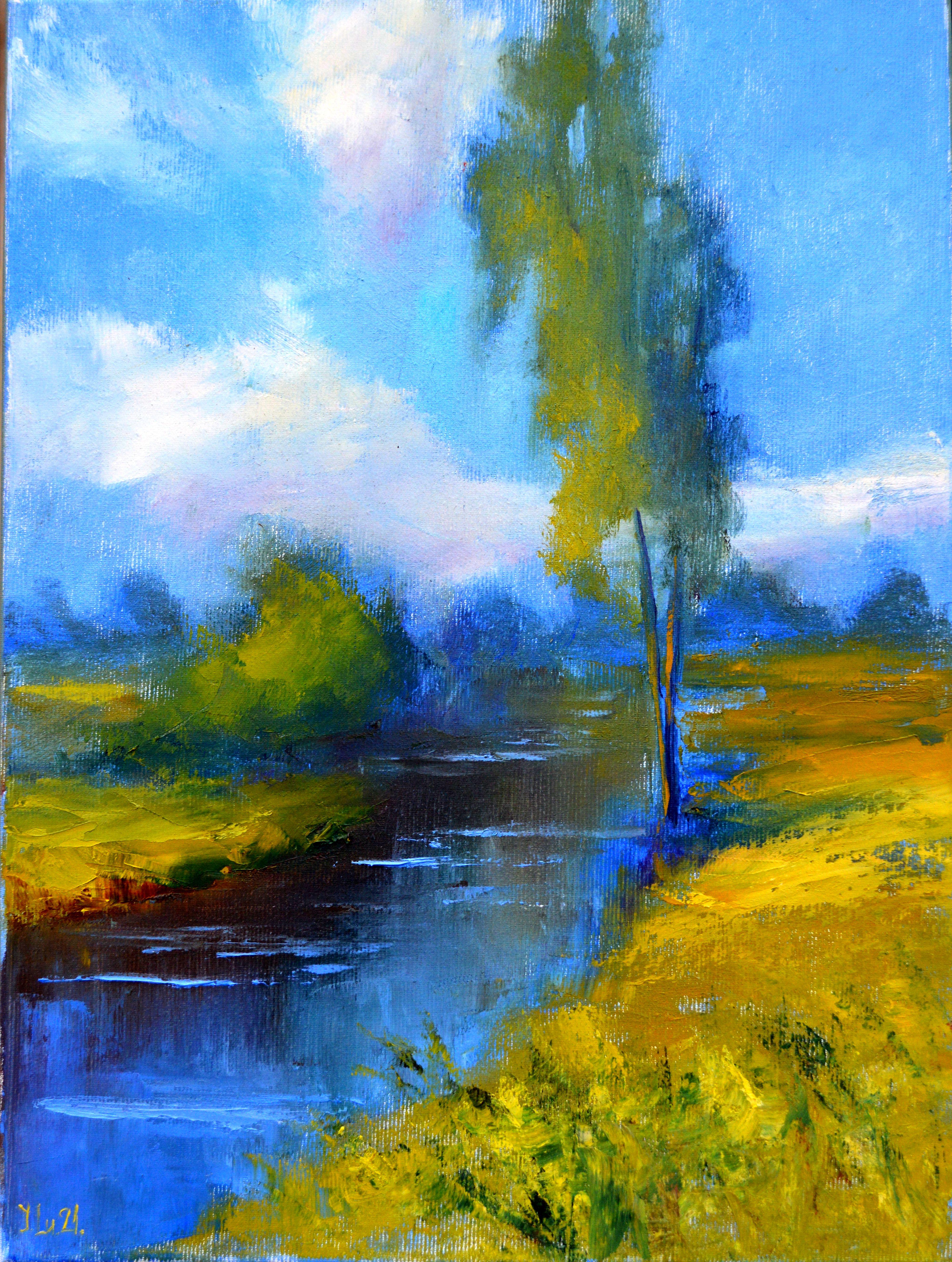 Elena Lukina Landscape Painting – Ein dörflicher Fluss
