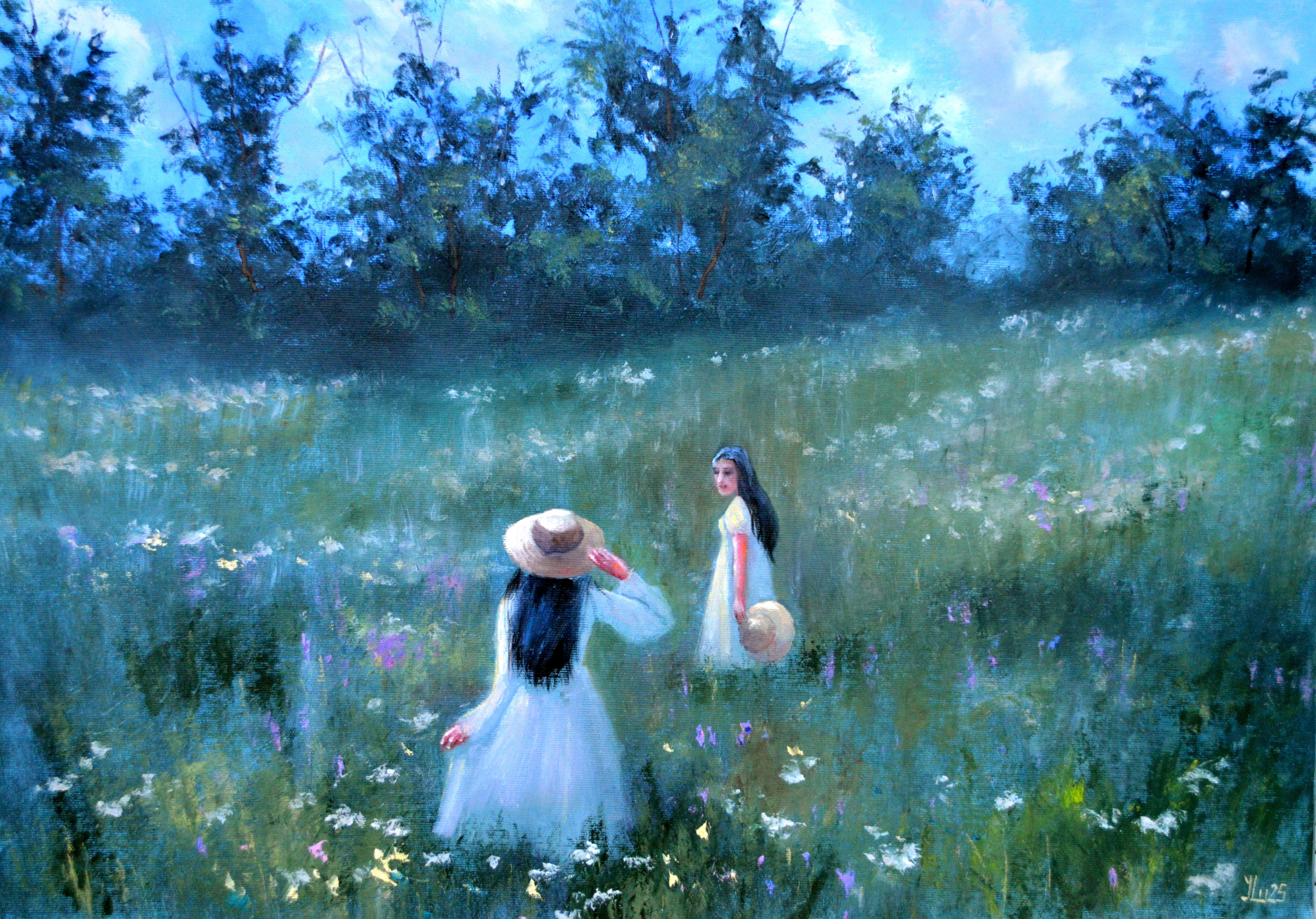 Among the Wildflowers. Original Large Landscape Oil Painting on Italian canvas.