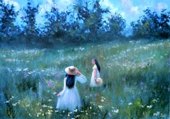 Among the Wildflowers. Original Large Landscape Oil Painting on Italian canvas.