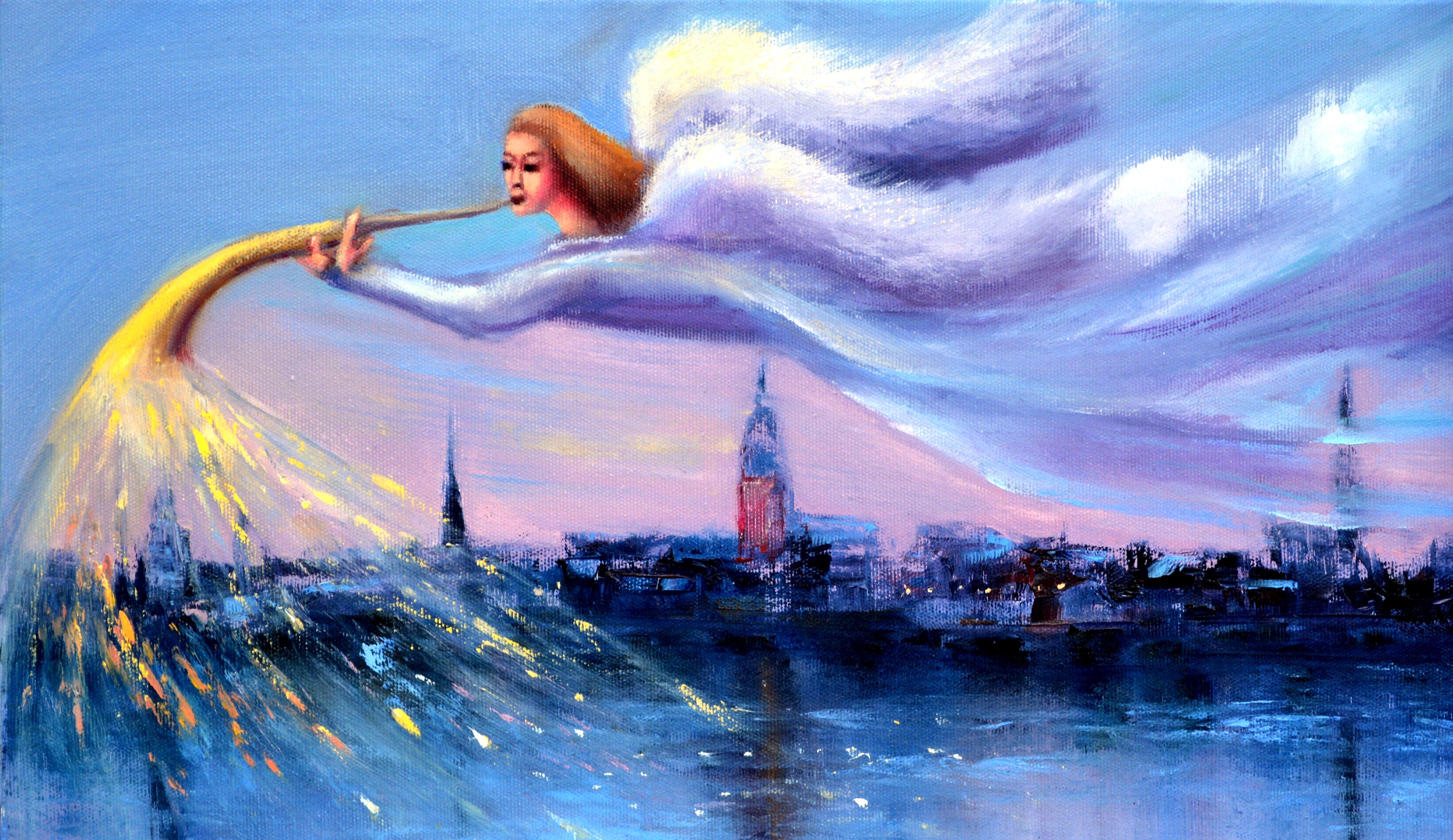 Angel au-dessus de la ville 40X50 - Painting de Elena Lukina