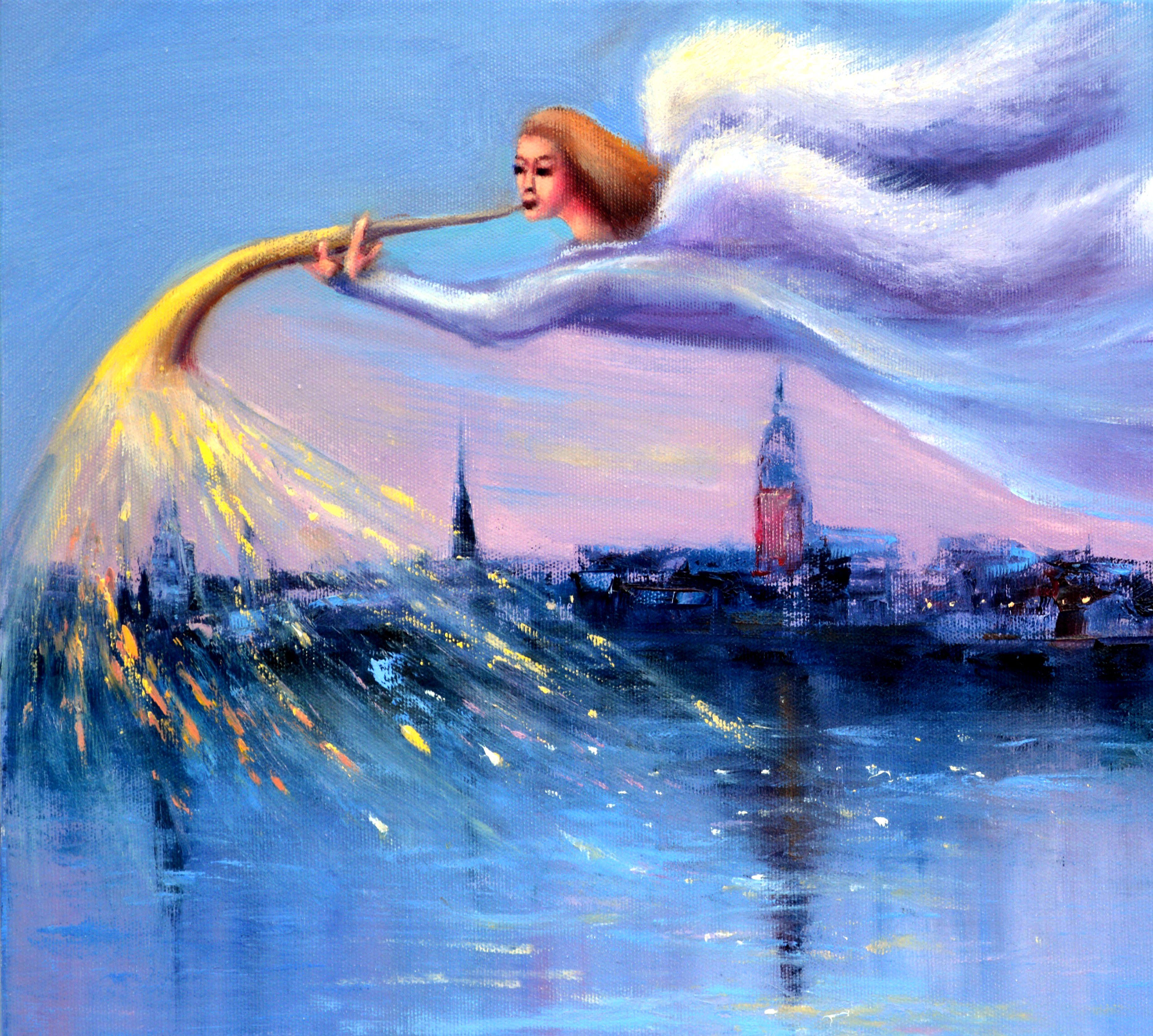 Angel above the City 40X50 - Expressionist Painting by Elena Lukina