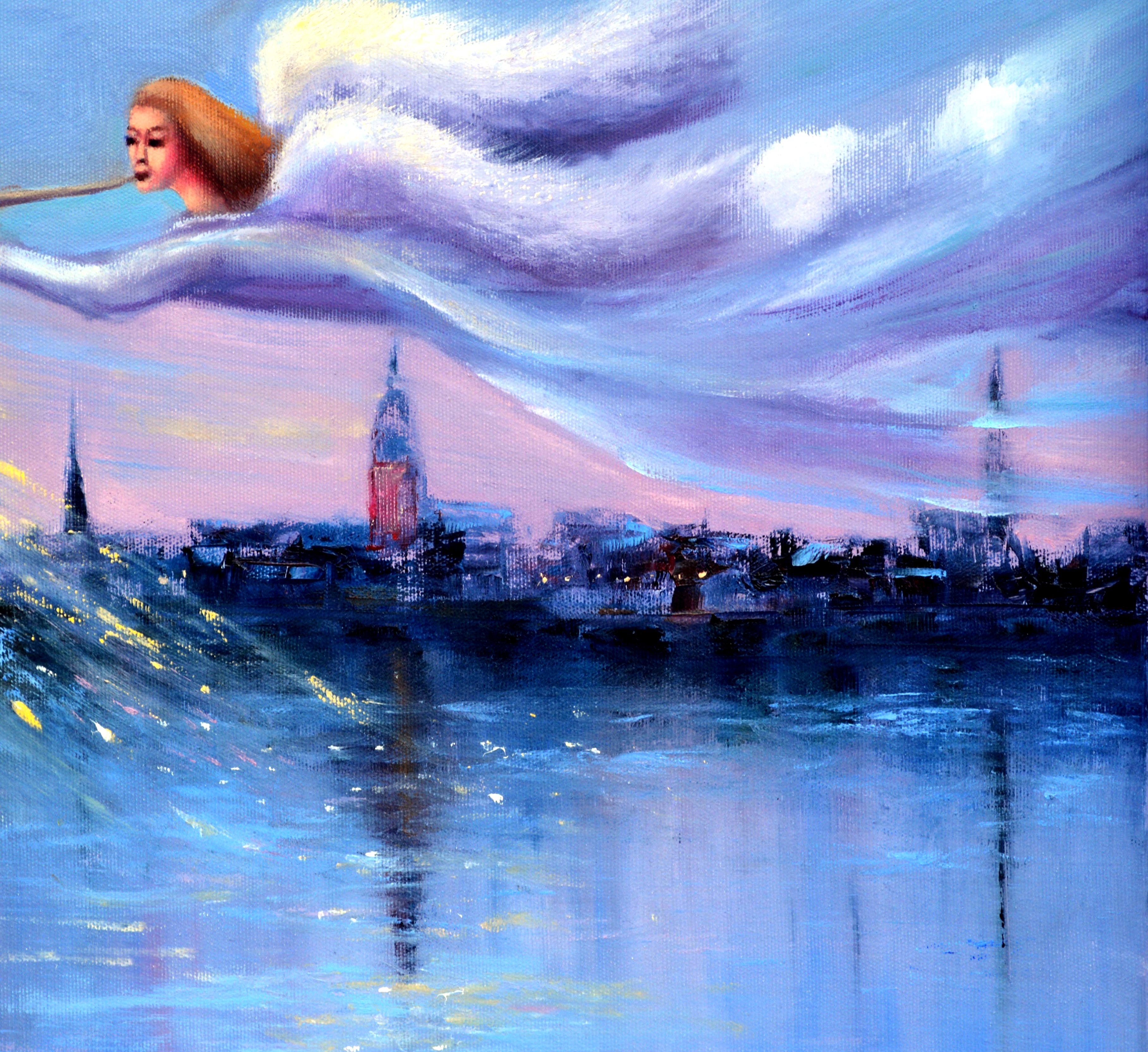 In this oil painting, I channeled expressionistic energy to capture a guardian of the urban expanse. Her elongated form, draped in ethereal fabric, glides over the cityscape, showering it with a cascade of stars. This act, both nurturing and