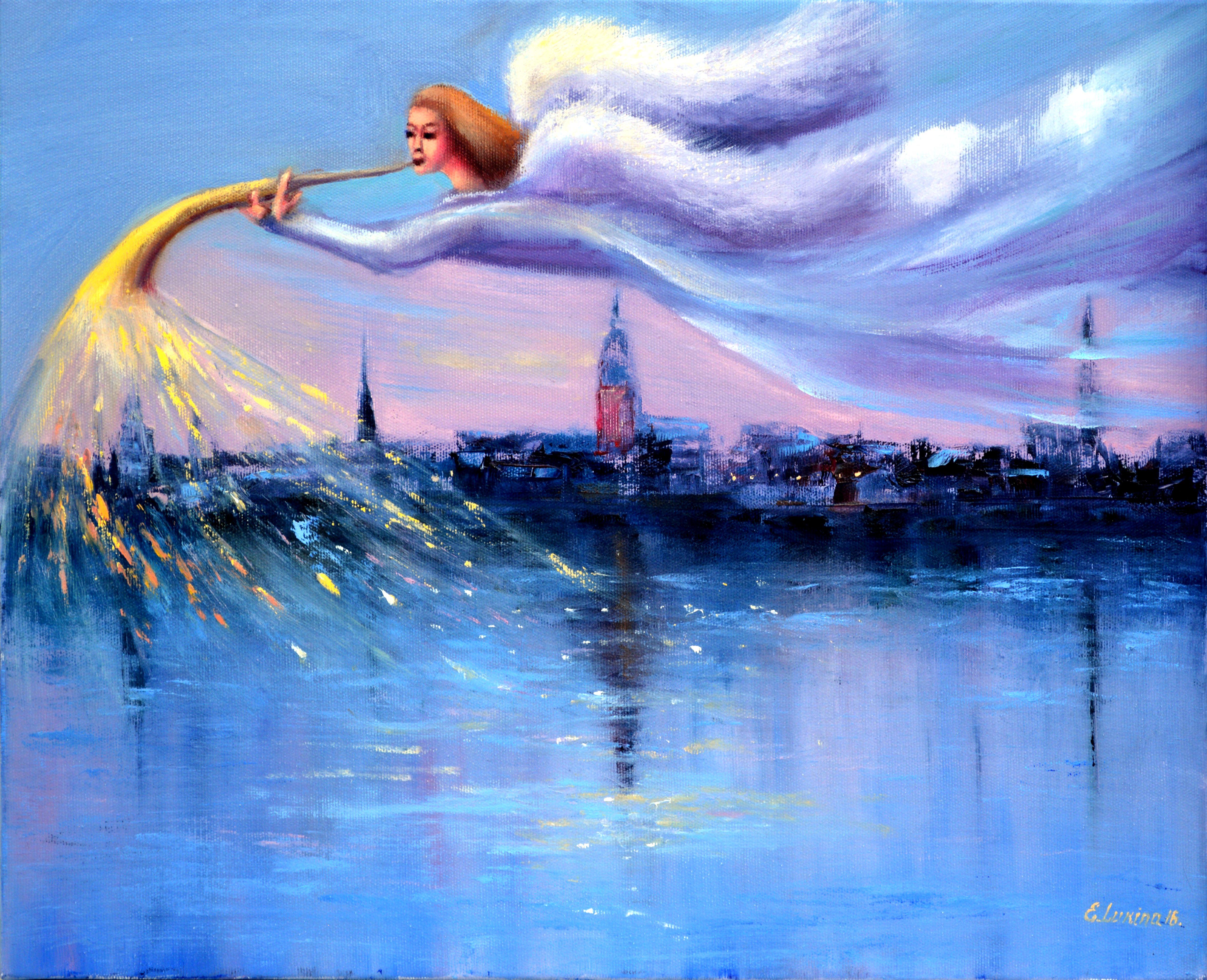 Elena Lukina Landscape Painting - Angel above the City 40X50