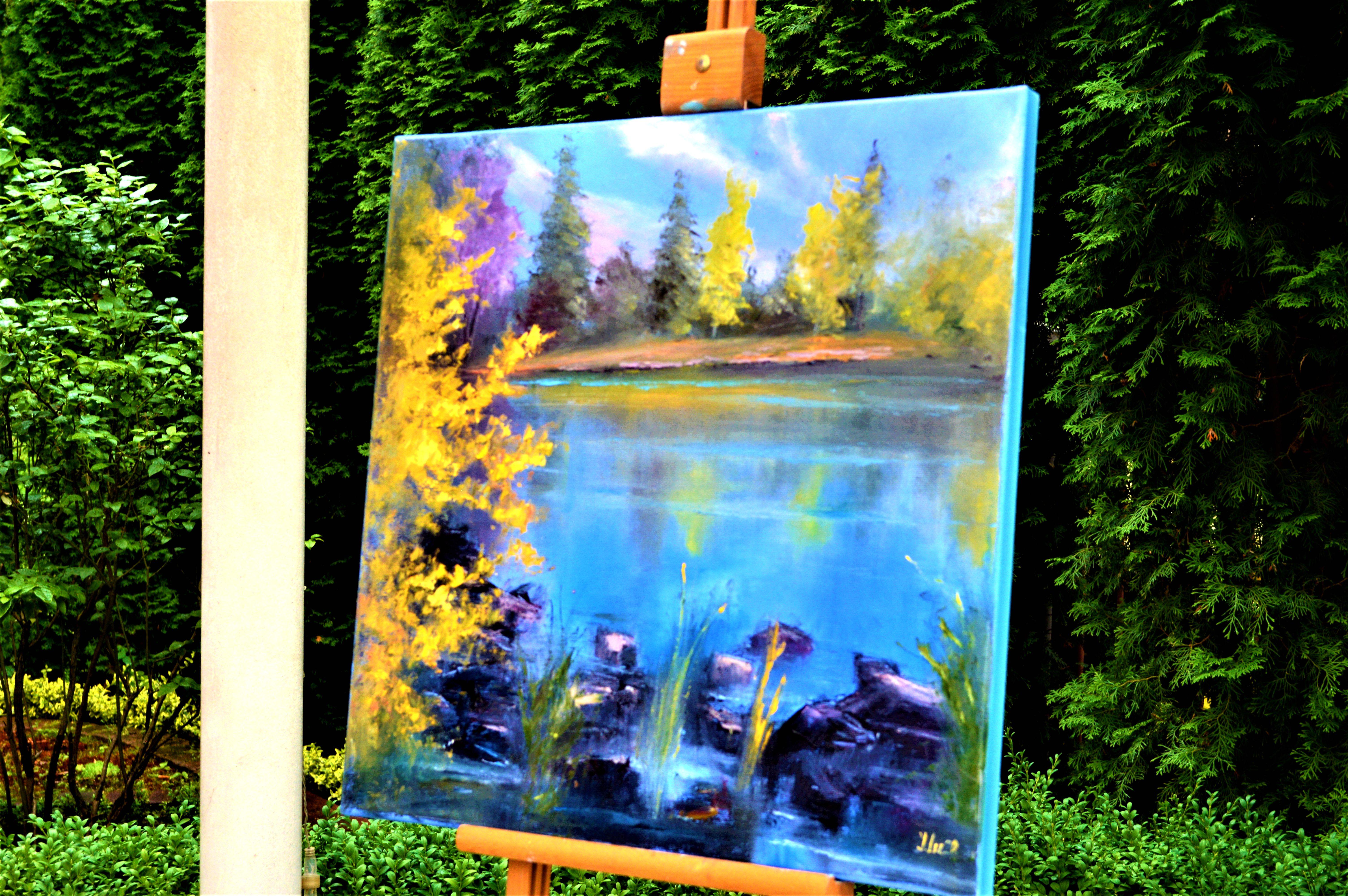 In this painting, I sought to capture the ephemeral beauty of autumn by the lakeside. Using expressionistic brush strokes and an impressionistic palette, I've emulated the fleeting, yet vivid colors of fall. The peaceful stillness of the lake