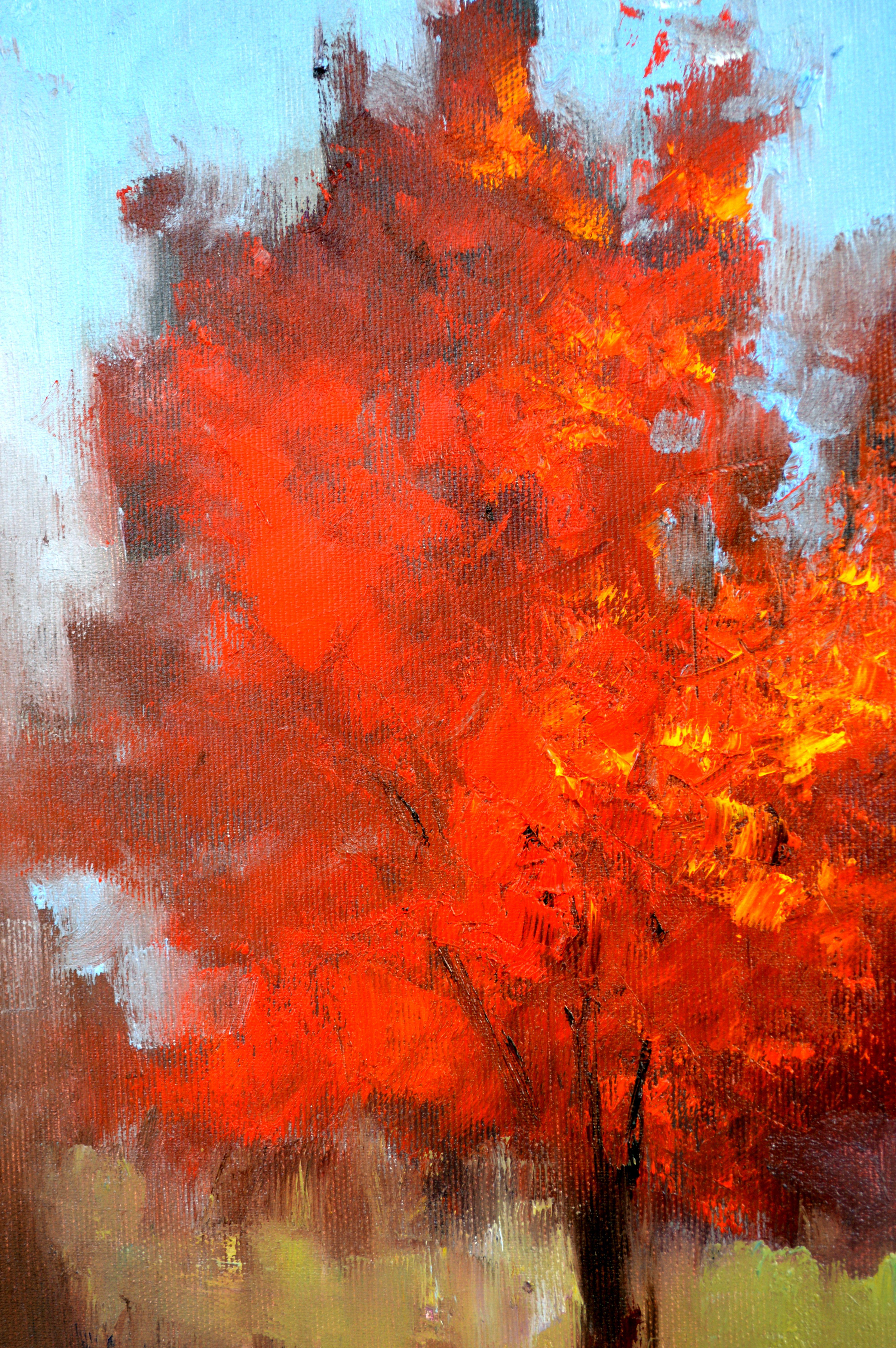 In diesem strukturierten Ölgemälde habe ich die feurige Essenz des Herbstes in einer Melodie aus Rot- und Orangetönen eingefangen. Die Verschmelzung von Realismus und Impressionismus soll mit leidenschaftlichen Pinselstrichen die vergängliche und