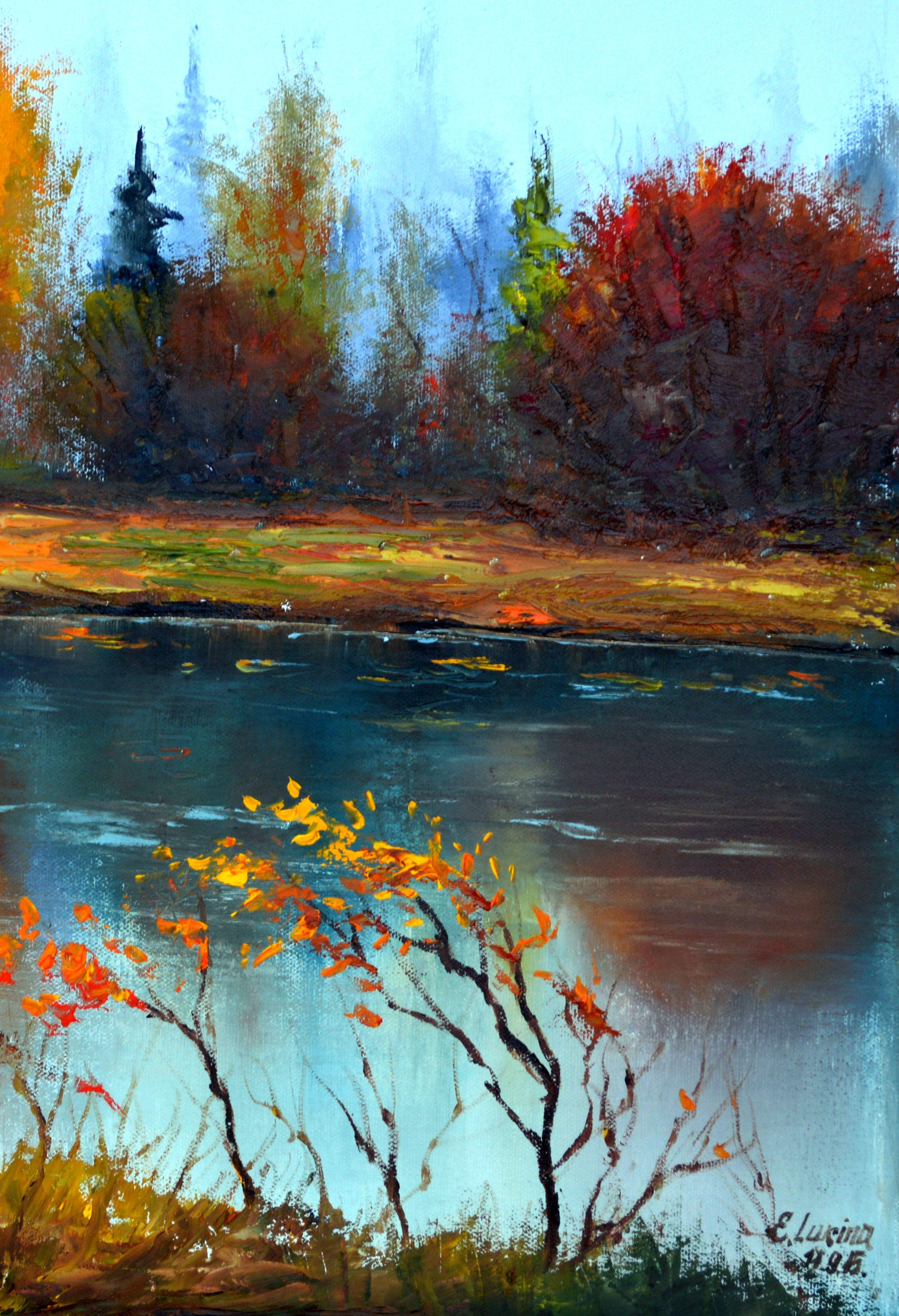 En este cuadro, he captado la belleza efímera del otoño, donde los colores vibrantes de las hojas contrastan con el azul sereno del lago. Utilizando óleo, mezclé el vigor expresionista con el fino detalle del realismo, para evocar una sensación