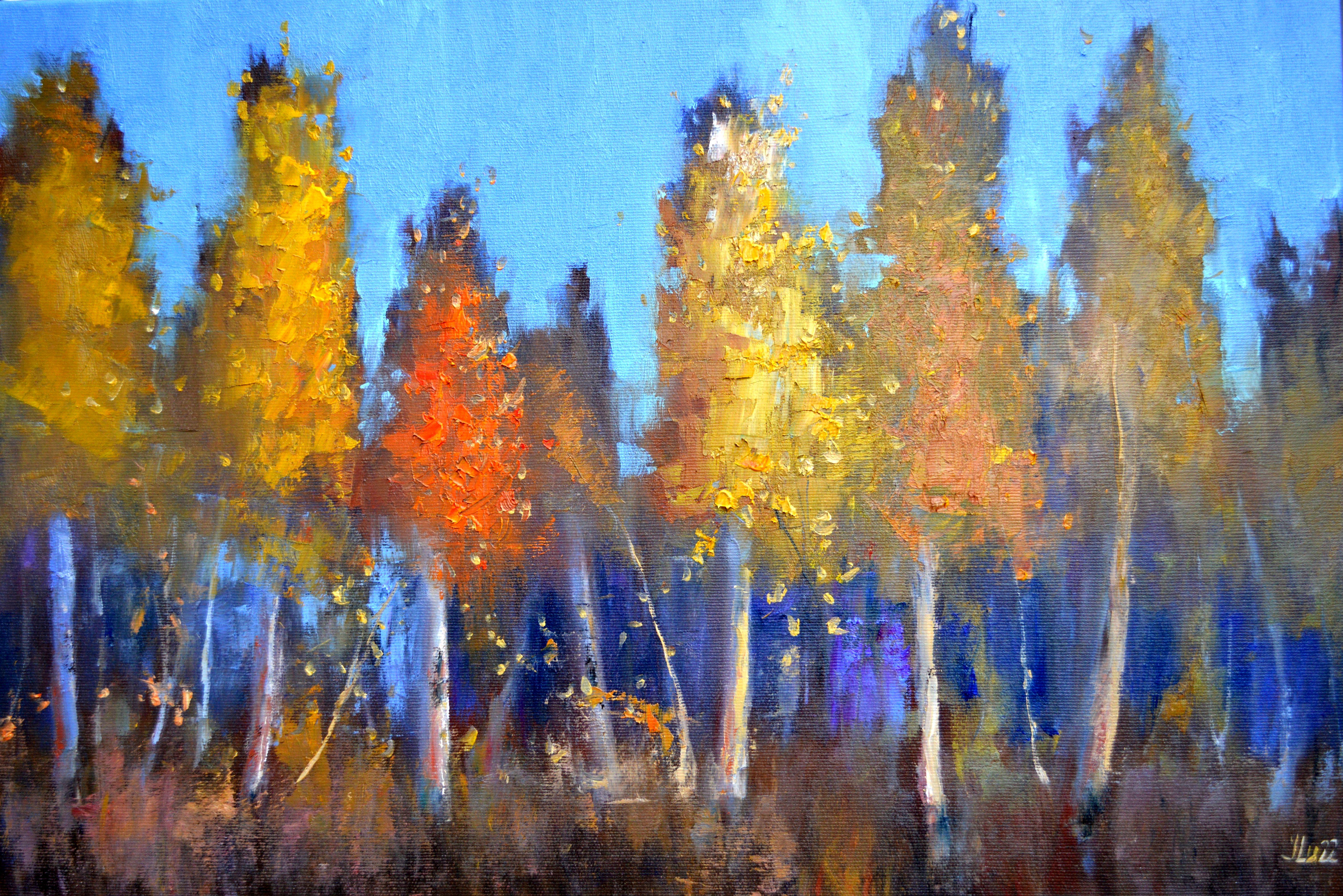 Elena Lukina Interior Painting - Autumn song Medium Autumn landscape oil painting on canvas