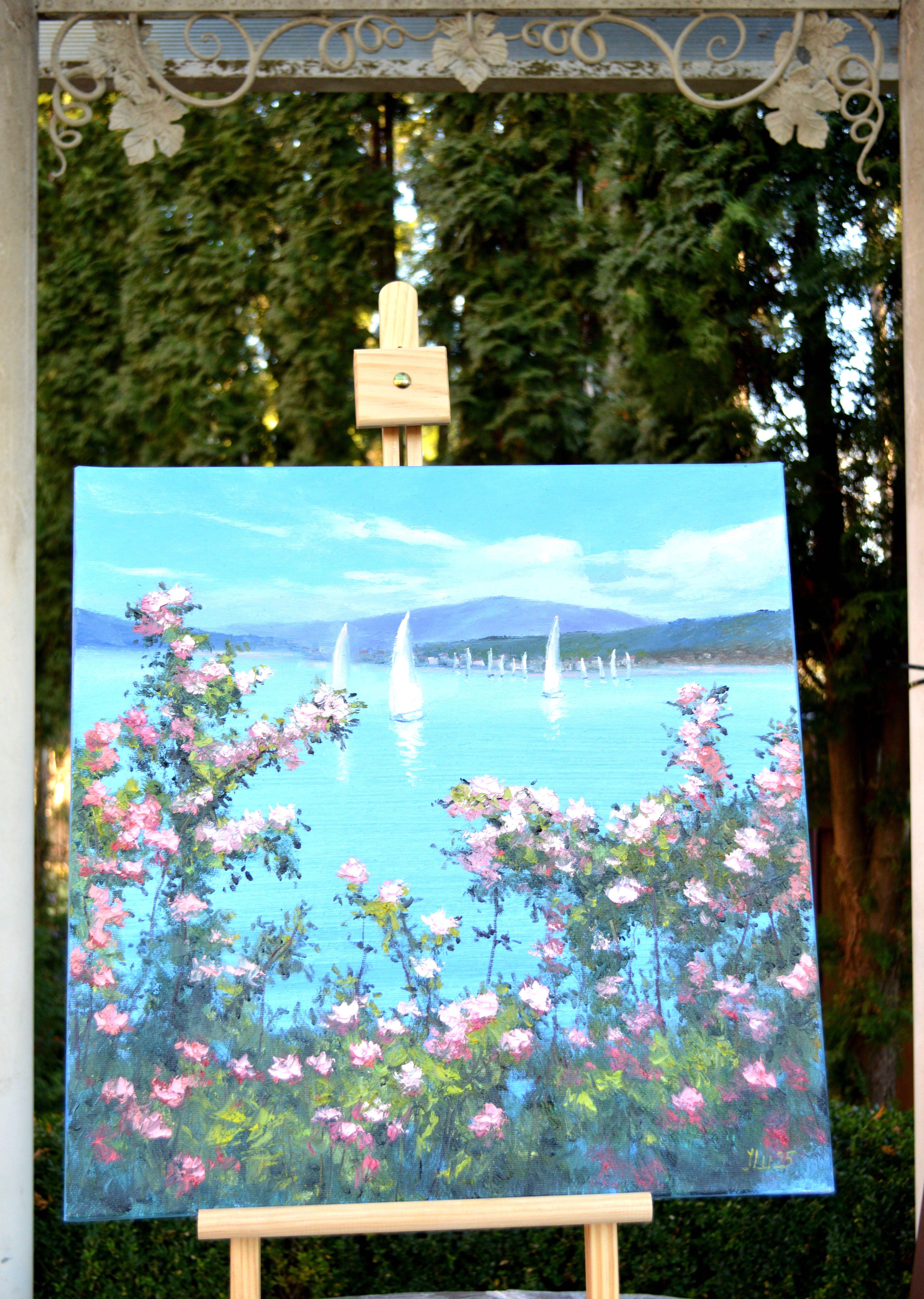 Beautiful Rose Garden by the Sea - Painting by Elena Lukina