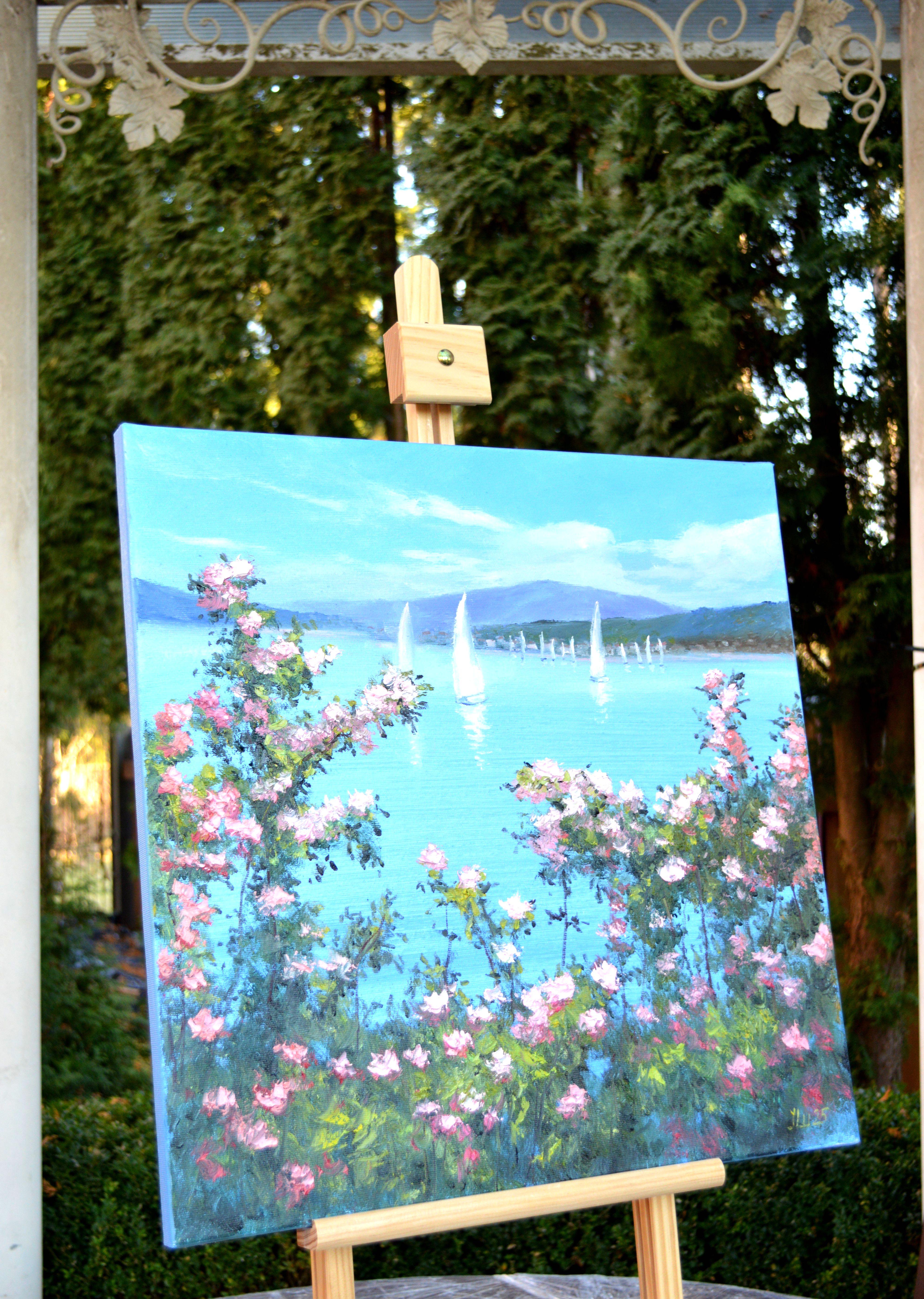 Beautiful Rose Garden by the Sea - Expressionist Painting by Elena Lukina