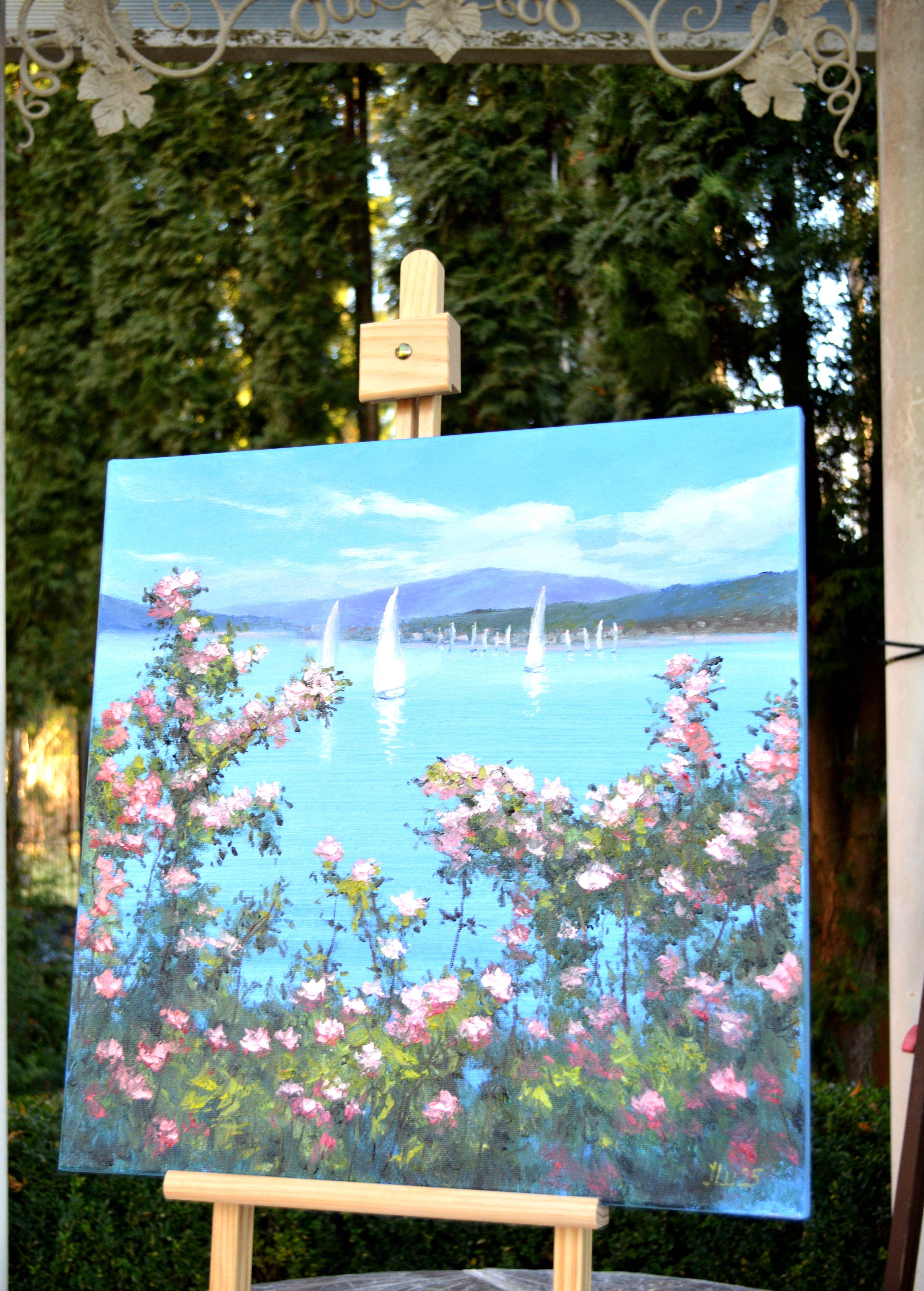 Beautiful Rose Garden by the Sea - Blue Interior Painting by Elena Lukina