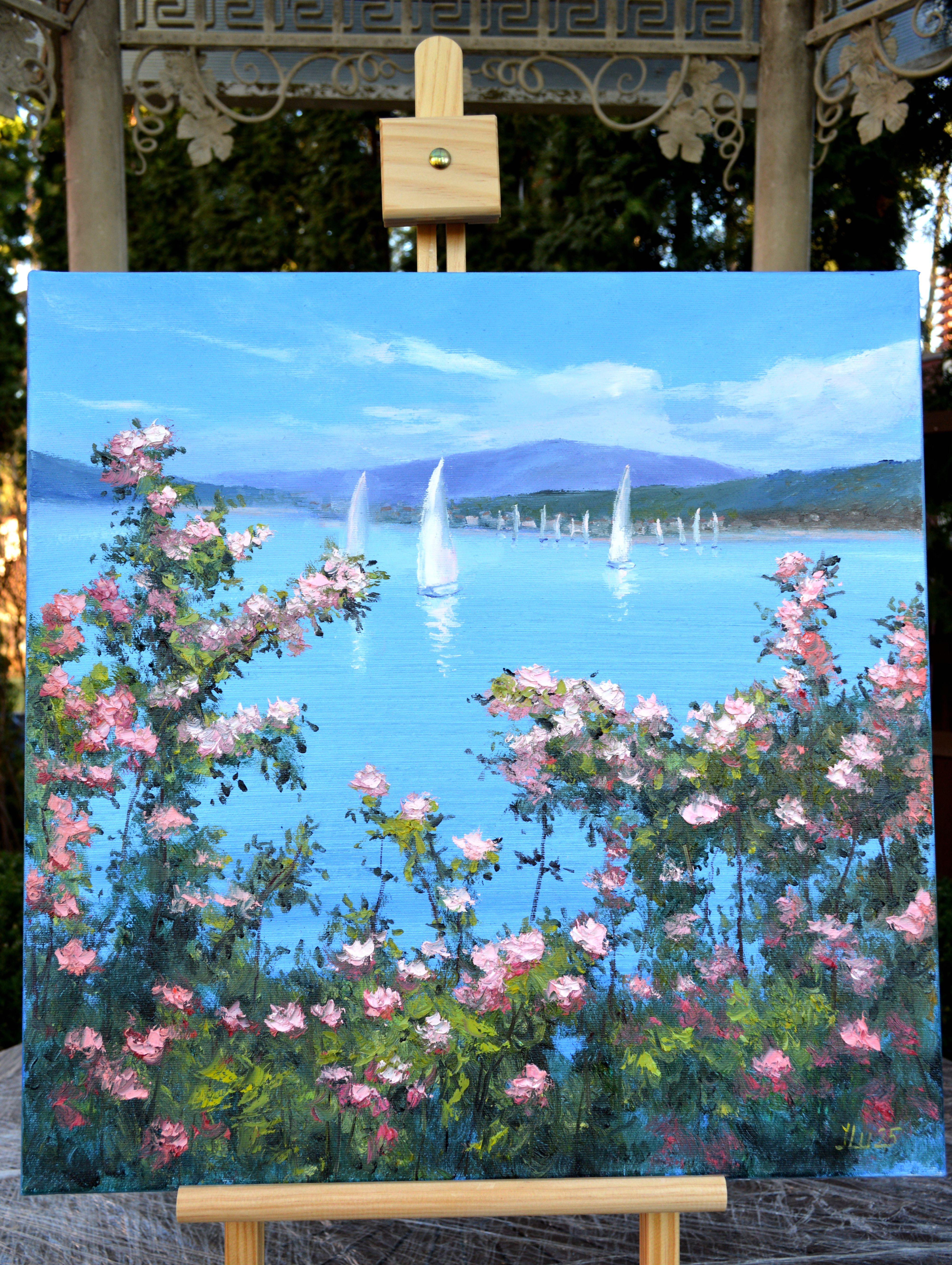 In crafting this serene seascape, I layered vibrant oils to capture the tranquil interplay of rose-laden breezes with the gentle splash of distant sails. I aimed to express a synthesis of realism and impressionism, inviting the viewer into a