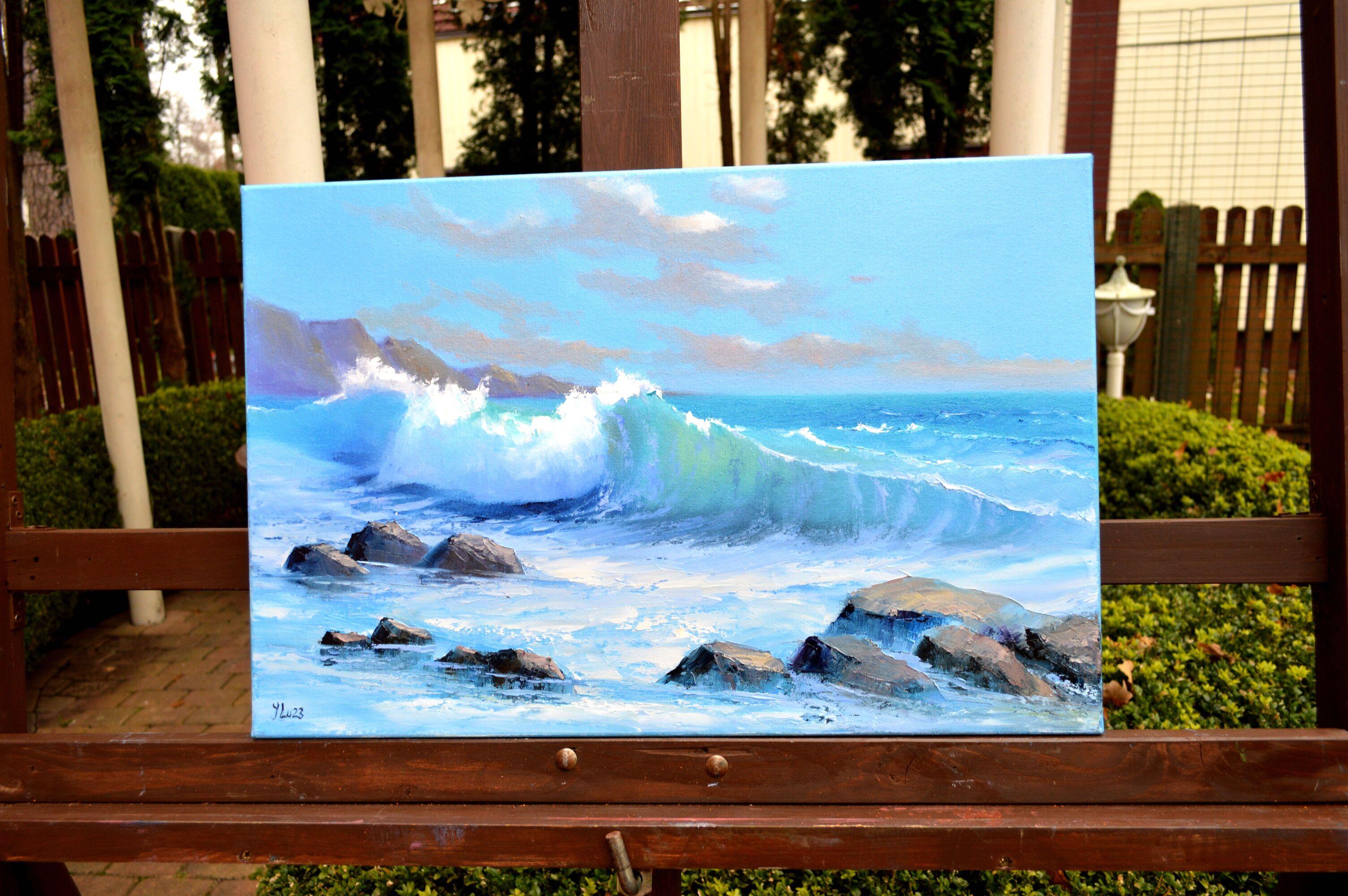 In this oil painting, I've captured the raw, spirited dance of the sea. Through energetic strokes and a rich palette, I blended realism with expressionism to evoke the ocean's majesty and its timeless rhythm. This work embodies the ocean's roar, its